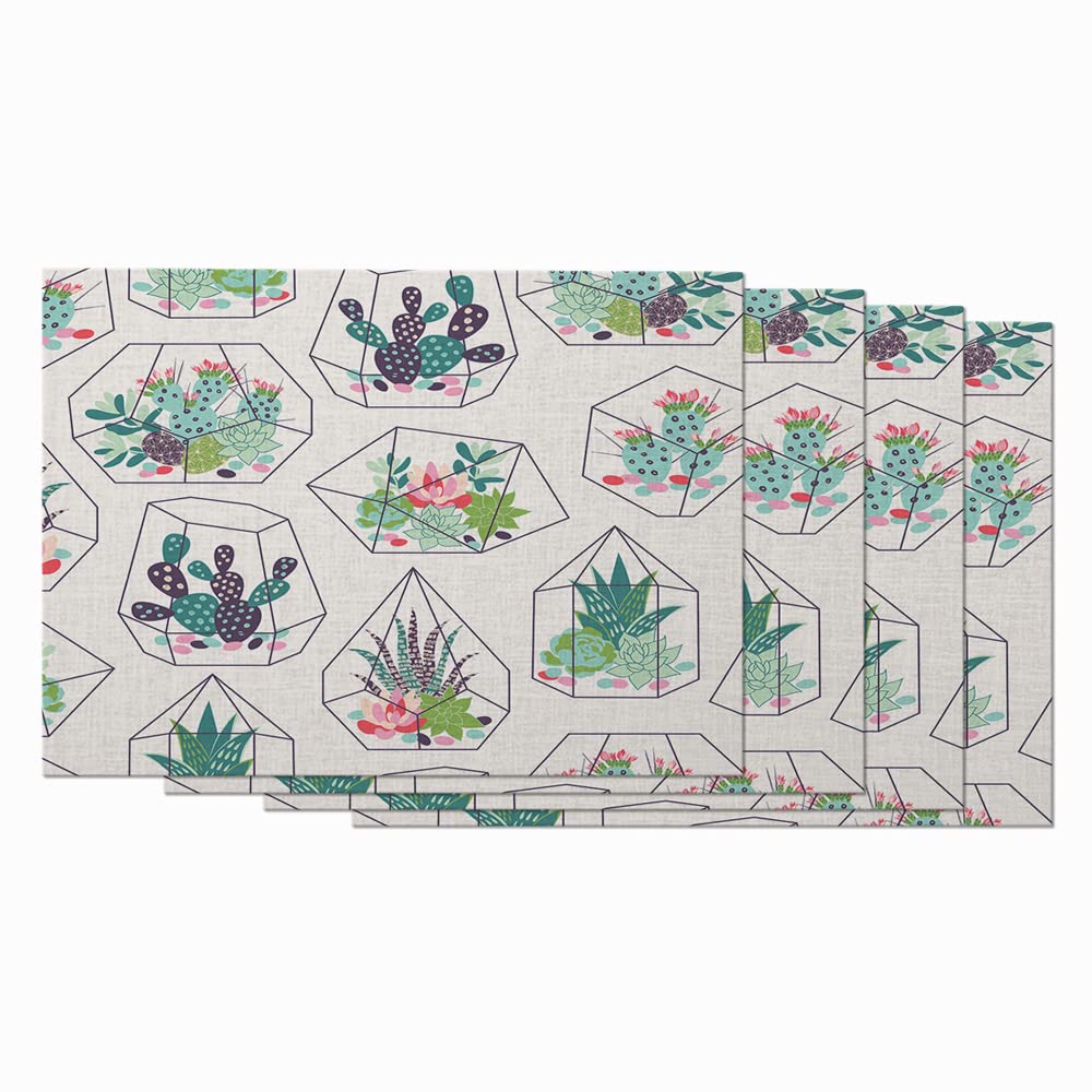 Swono Succulent & Cactus Placemats - Set of 4 Geometric Glass Terrarium Cotton Linen Table Mats (12x18 Inches) | Non-Slip, Washable & Durable | Perfect for Dining Tables, Kitchen Decor, and Desert-Themed Parties