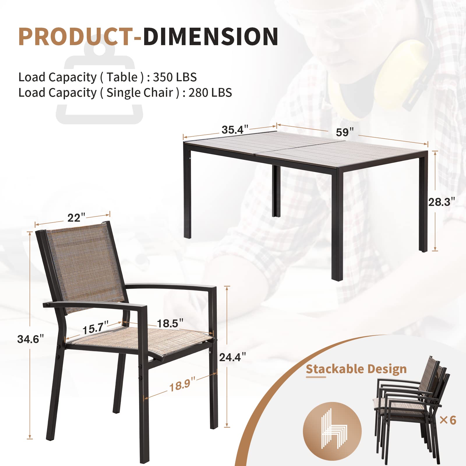 Devoko 7-Piece Patio Dining Set - Outdoor Furniture with Rectangular Table & 6 Stackable Chairs, Brown - Perfect for Garden, Backyard, Deck, and Poolside Gatherings
