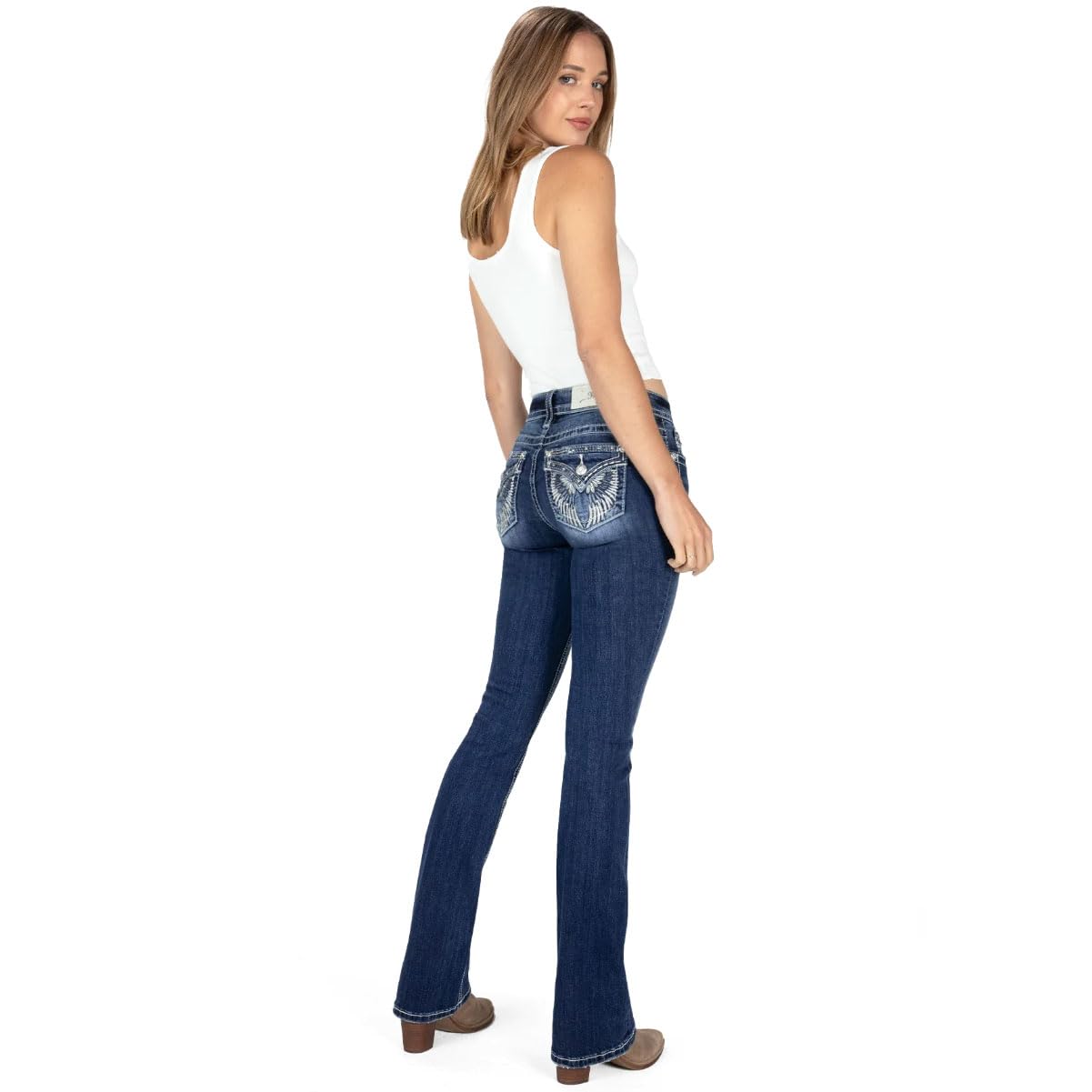 Miss Me Women's Mid-Rise Bootcut Jeans with 3D Embossed Angel Wings & Faux Flap Pockets - Stylish Denim Pants for Casual Wear, Night Out and Everyday Fashion