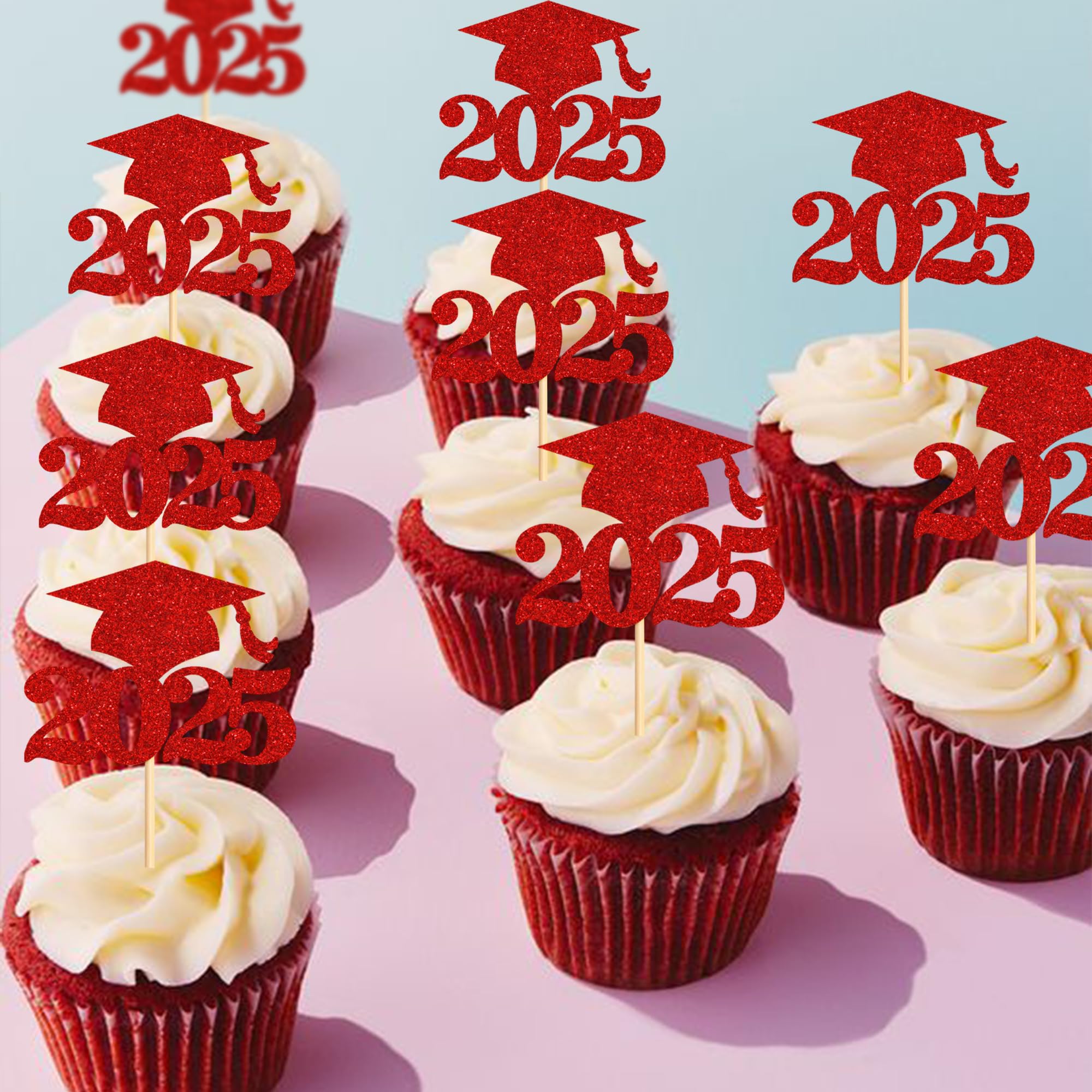 36 Pack 2025 Graduation Cap Cupcake Toppers - Glitter Class of 2025 Decorations for Graduation Party Supplies (Red) - Perfect for Graduation Cakes, Cupcakes, and Dessert Table Decor