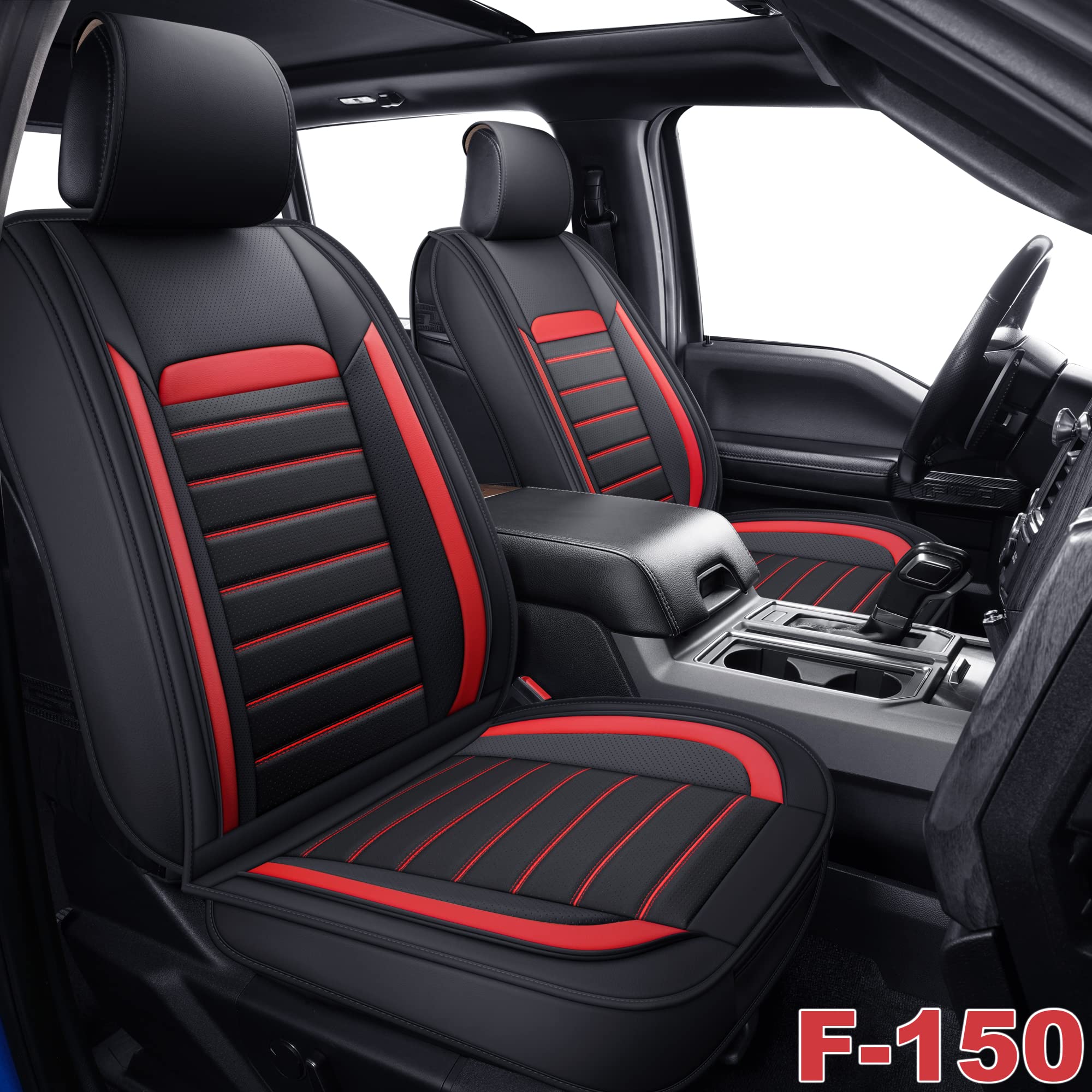 Premium Faux Leather Car Seat Covers for Ford F150 (2015-2022) & F250/F350/F450 (2017-2022) - Black & Red Front Pair - Durable Automotive Seat Protection for Pickup Trucks - Perfect for Work Commutes, Road Trips & Off-Road Adventures