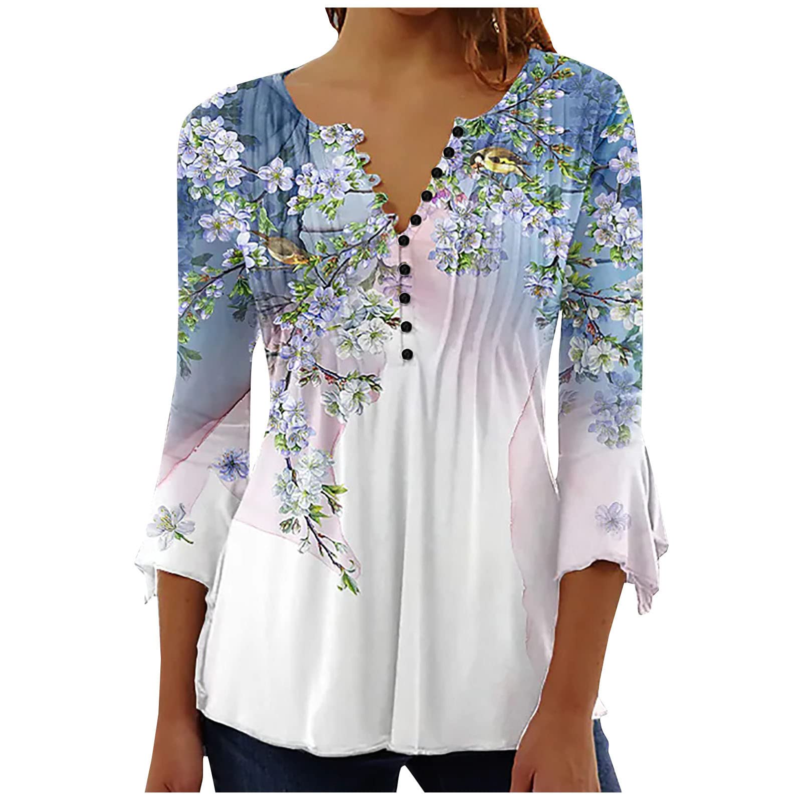 Trendy Women's Summer Tops - 3/4 Sleeve V-Neck Button Up Blouses with Floral Pleated Design for Casual Wear, Office & Outdoor Activities