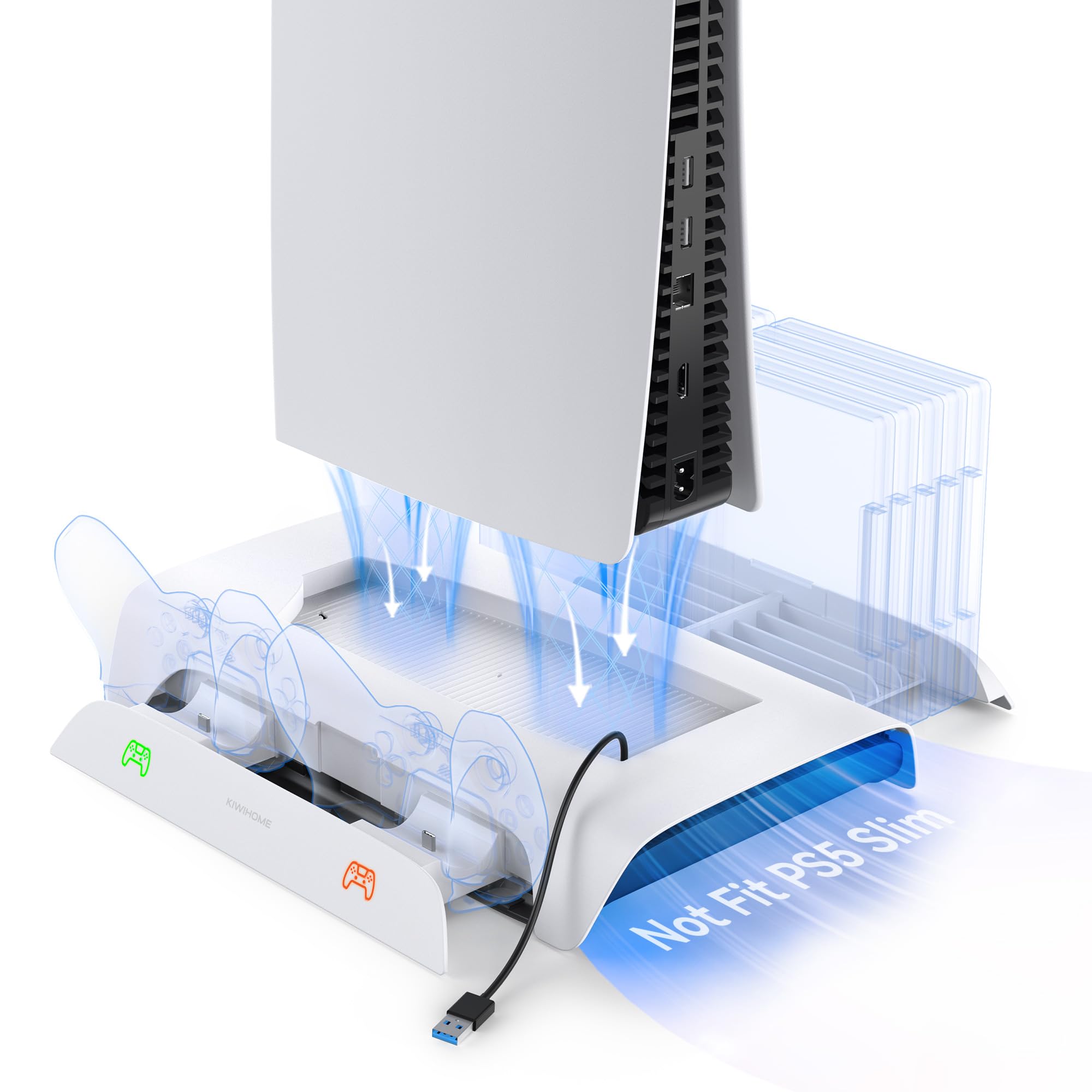 KIWIHOME Vertical Cooling Stand for PS5 - Multi-Functional Base with RGB Lighting, Dual Controller Charging Station & 10 Game Slots - Compatible with PS5 Disc & Digital Edition - Perfect for Gaming Setup & Console Cooling