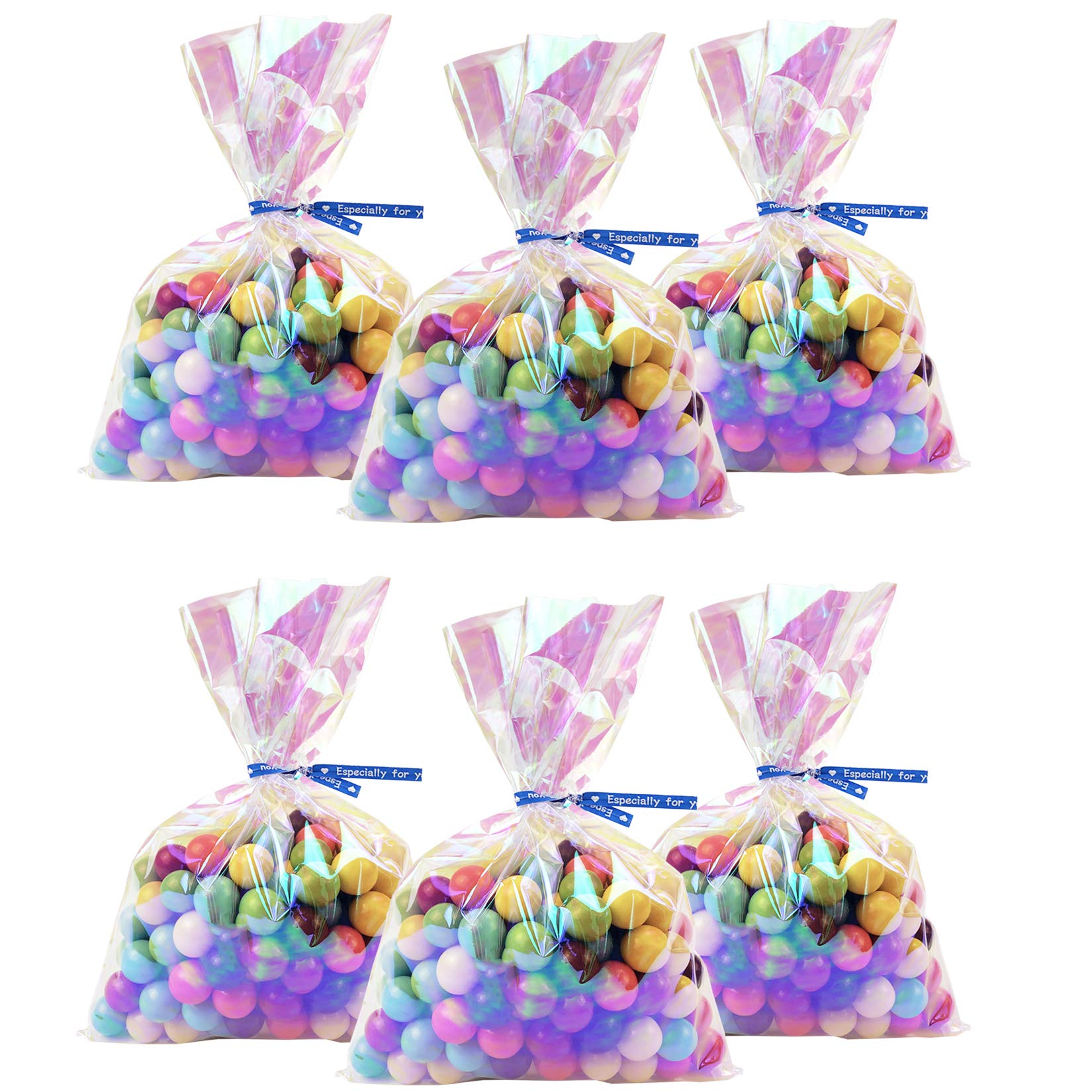Morepack 6x9 Inch Easter Iridescent Holographic Cellophane Bags - 100 Pcs Party Favor Treat Bags with 5 Colors Twist Ties for Weddings, Birthday Party, Baby Shower & Holiday Gift Wrapping - Perfect for Candy, Cookies, Small Gifts & Party Decorations