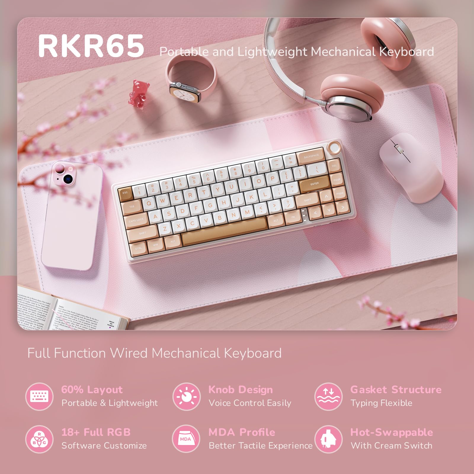 RK R65 60% RGB Wired Mechanical Keyboard - Hot Swappable, PBT Keycaps for Gaming & Office