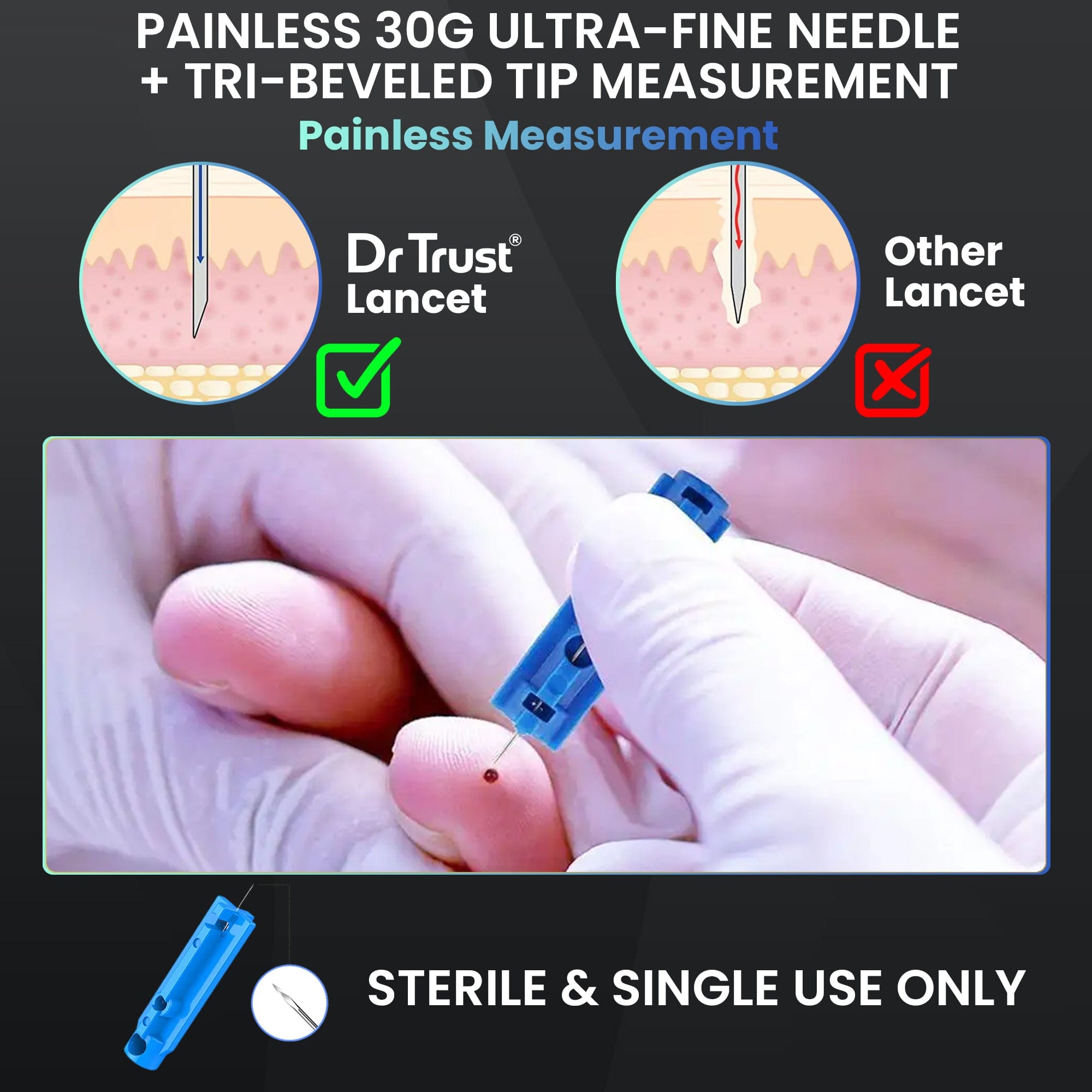 Dr Trust USA Lancets 9008 - Pack of 100 Sterile Diabetic Testing Needles | Universal Compatibility with All Glucometer Brands | Perfect for Home Blood Sugar Monitoring & Diabetes Care