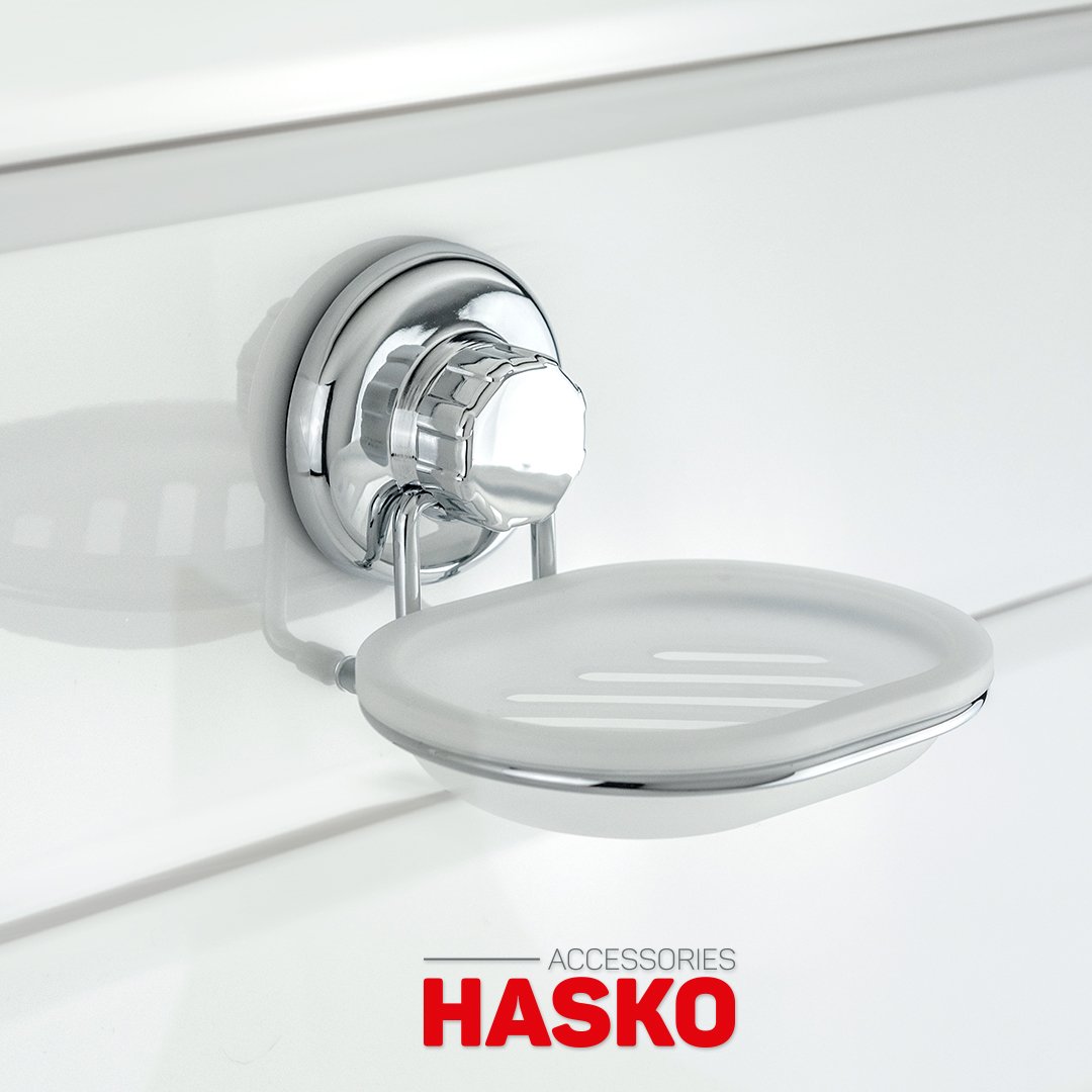 Hasko Stainless Steel Vacuum Suction Cup Soap Dish Holder - Strong Bathroom & Kitchen Sponge Caddy - Mounts on Any Smooth Surface (Chrome) - Perfect for Showers, Sinks, and Countertop Organization