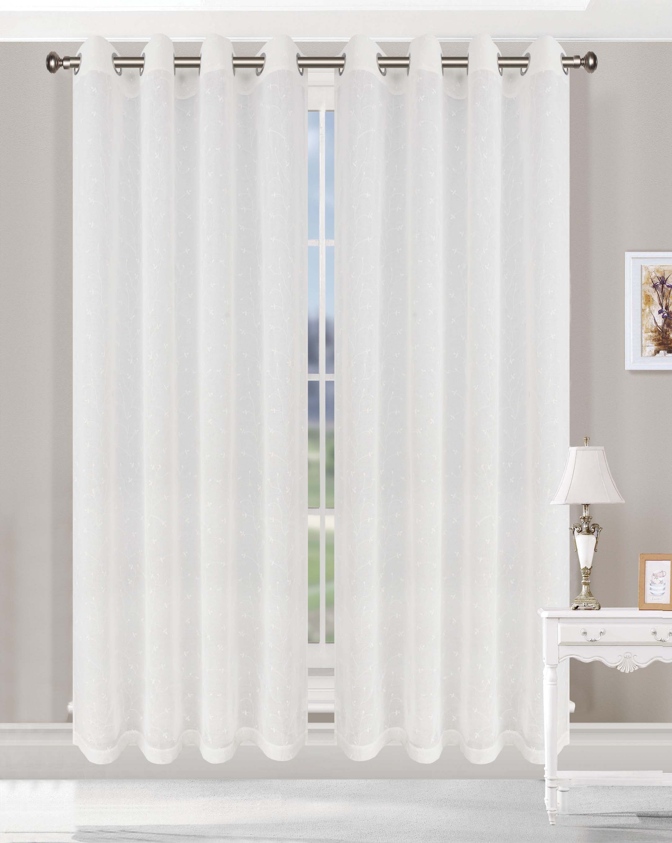 Embroidered Delicate Flower Sheer Grommet Curtain Panel Set - Elegant Window Treatment for Living Room & Bedroom Decor