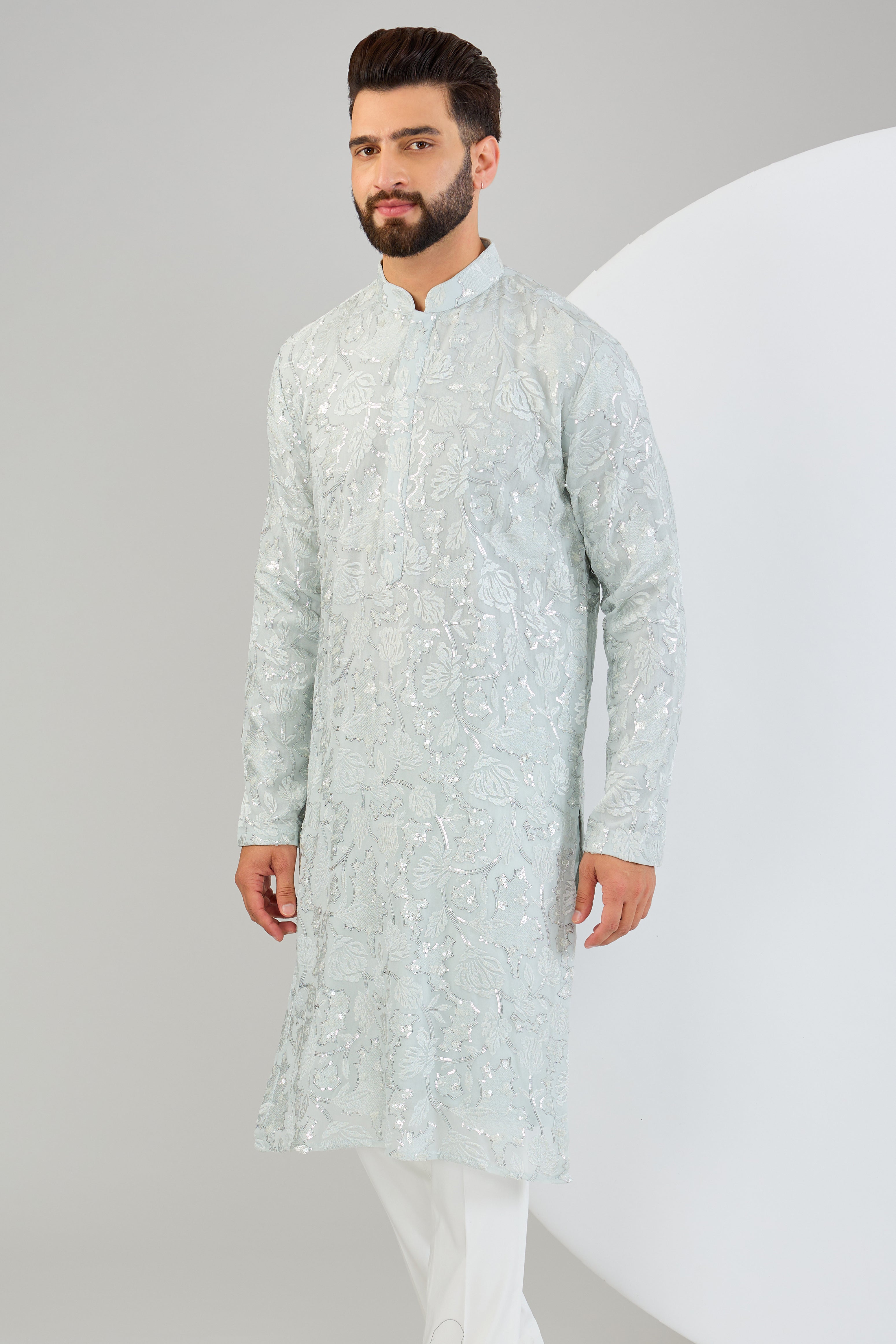 Elegant Powder Blue Chikankari Kurta with Intricate Floral Embroidery & Tone-on-Tone Sequin Work - Perfect for Festive Occasions, Weddings & Ethnic Fashion
