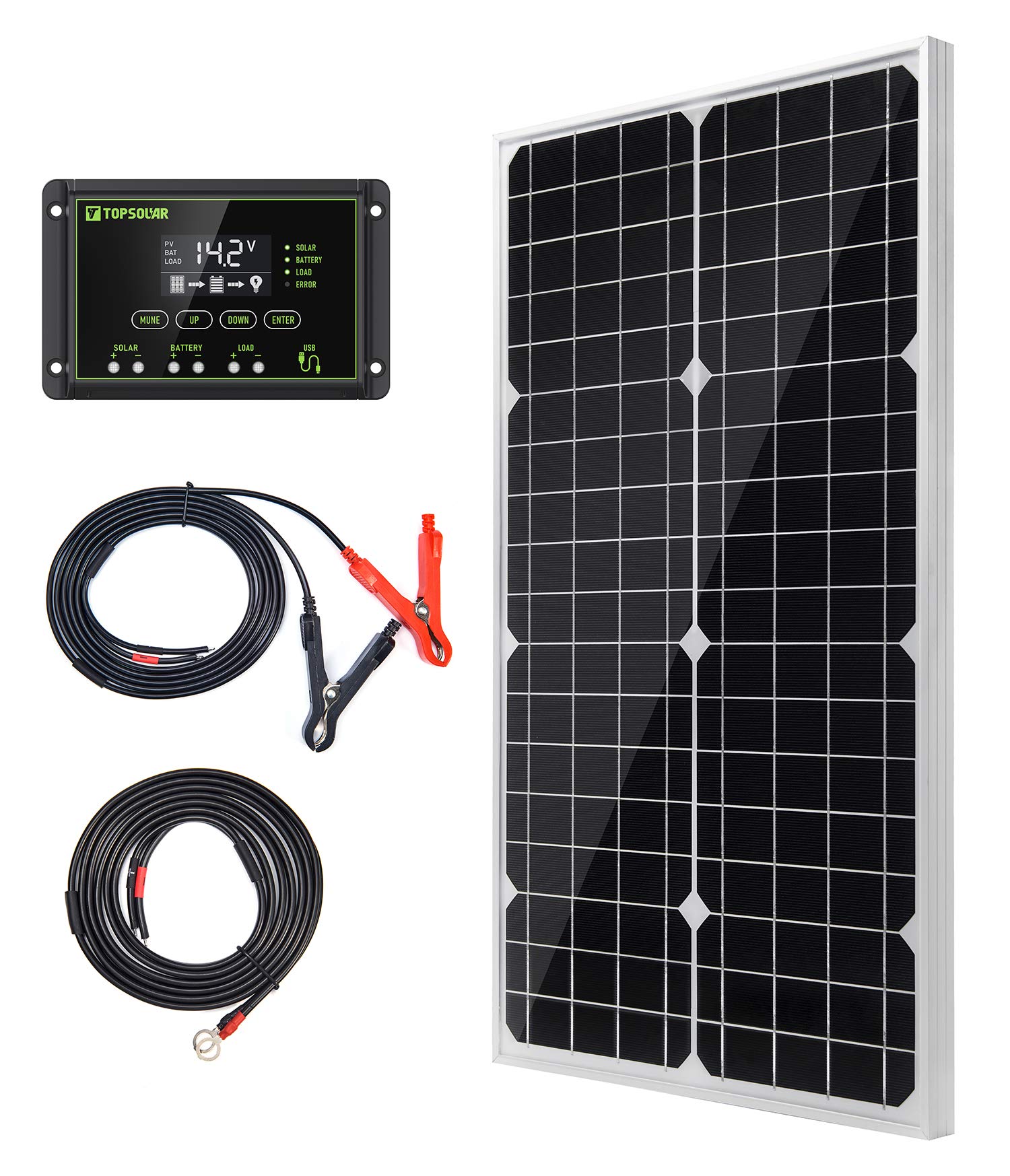 Topsolar 30W 12V Monocrystalline Solar Panel Kit with 10A Charge Controller & Extension Cable - Portable Solar Battery Charger for Cars, RVs, Boats, Marine & Off-Grid Home Power Systems - Perfect for Camping, Road Trips & Emergency Power Backup