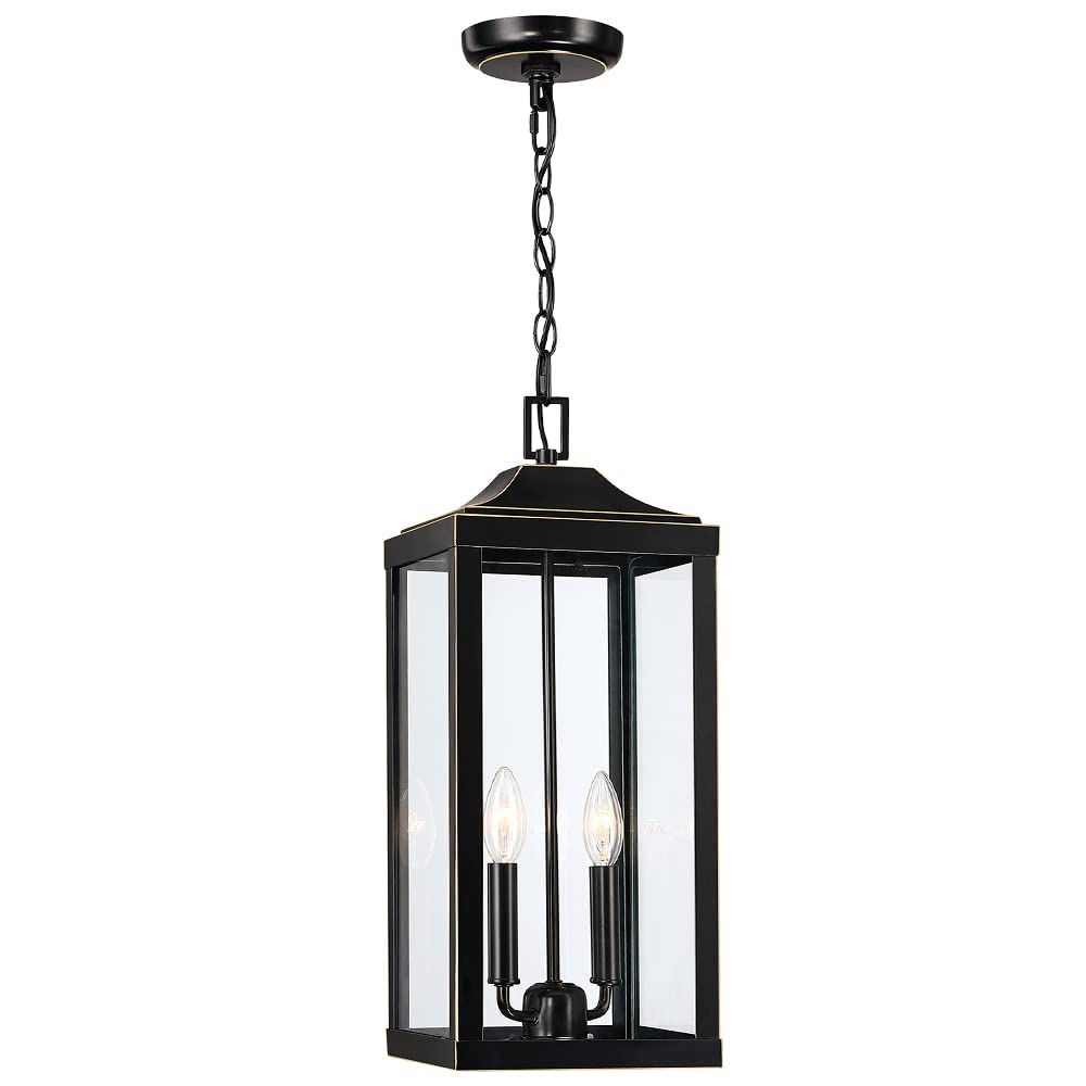 2-Light Black Outdoor Pendant Light Fixture with Gold Trims - 20