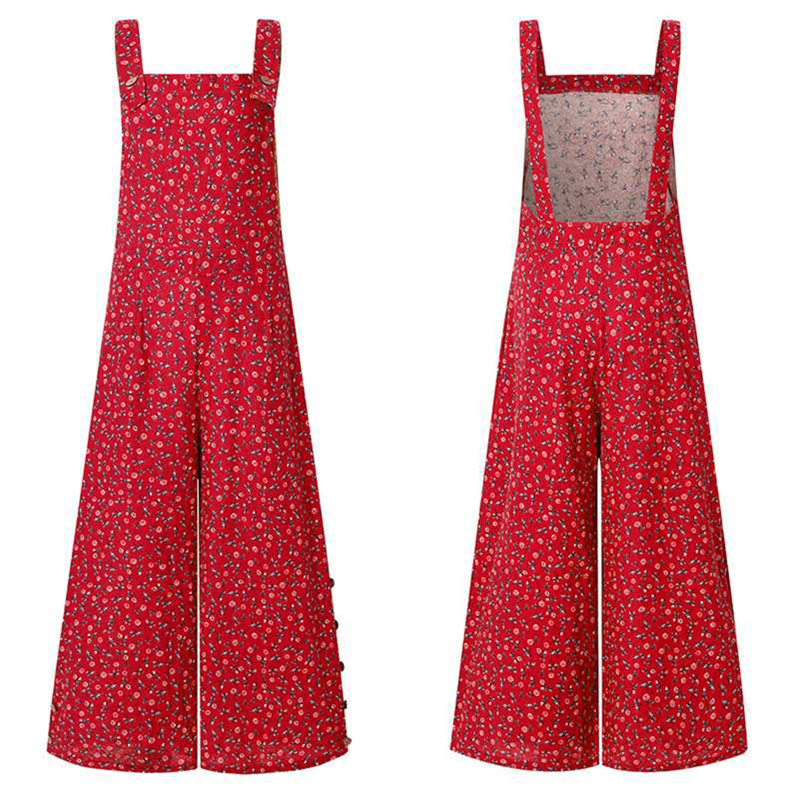 Floral Printed Jumpsuits for Women - Casual Sleeveless Spaghetti Strap Romper with Baggy Bib Overalls & Wide Leg Pants - Plus Size Summer Outfit for Beach, Vacation and Outdoor Activities
