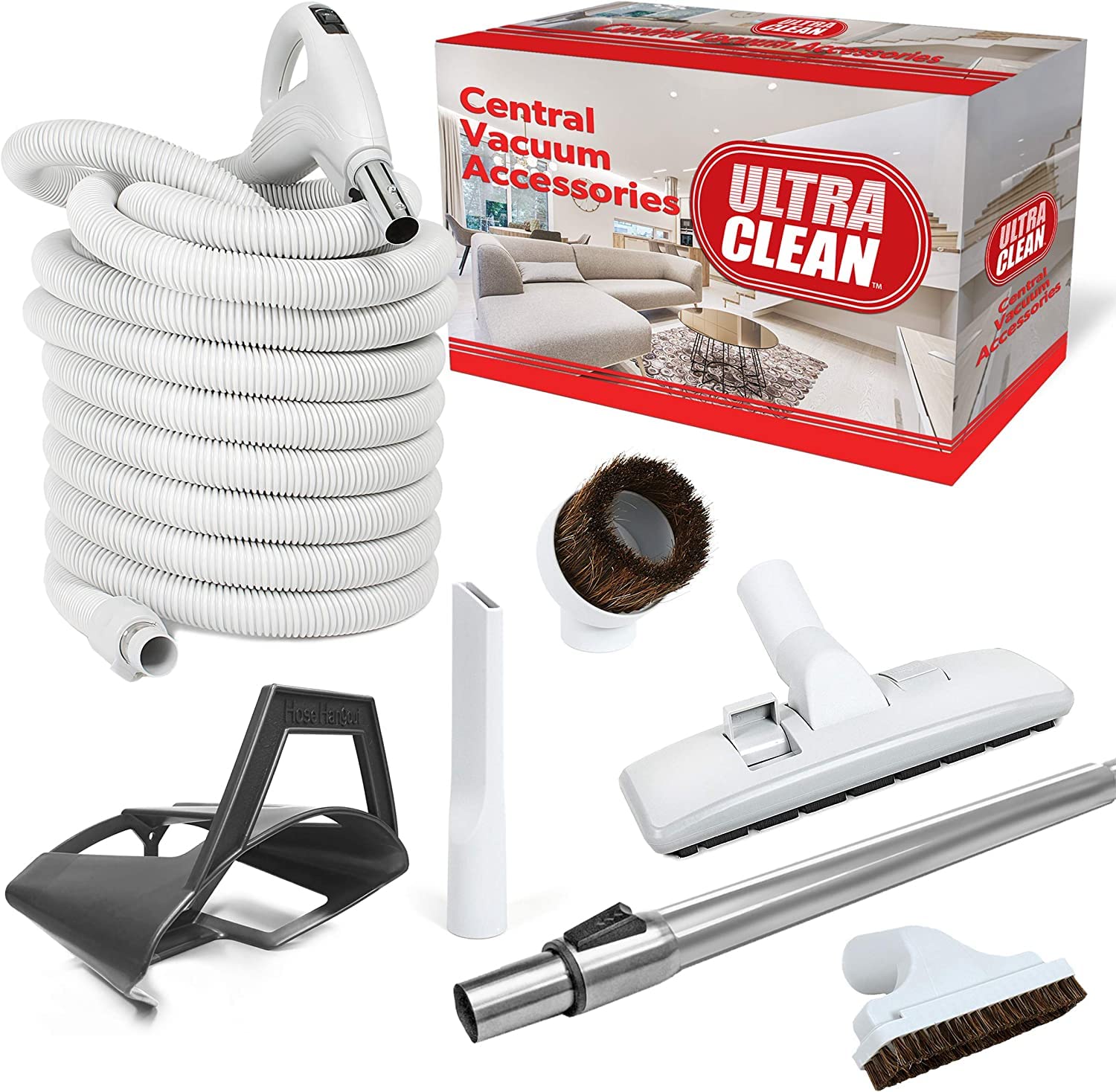 ULTRA CLEAN Deluxe Central Vacuum Combo Kit - 35ft Hose with Attachments for Hardwood Floors & Carpets (White) | Perfect for Whole-House Cleaning & Pet Hair Removal