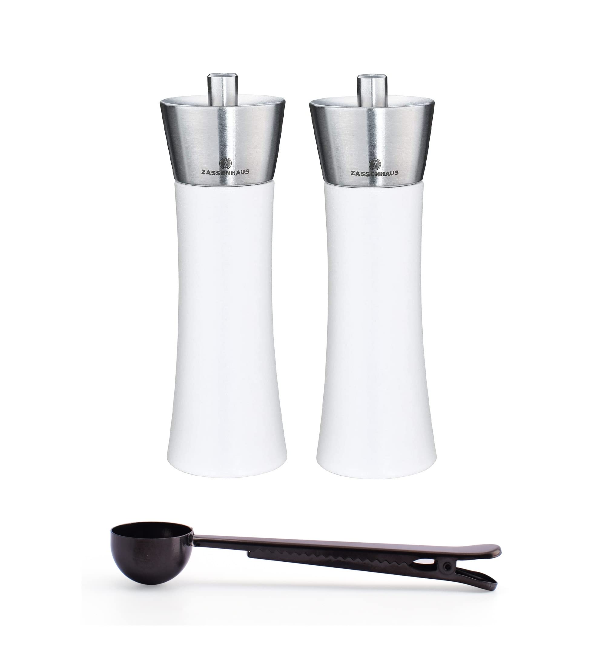 Premium Zassenhaus Augsburg 7-Inch Salt and Pepper Grinder Set - Gloss White & Stainless Steel Mill with Spice Scoop & Clip - Perfect for Kitchen, Dining Table & Gift Giving