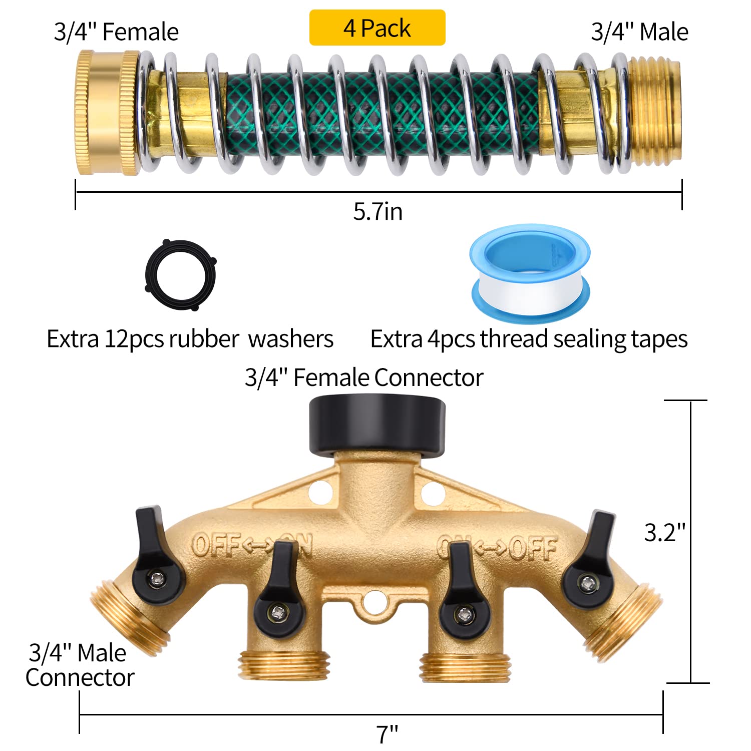 4-Way Garden Hose Splitter with Valves - Brass Spigot Adapter for Outdoor Watering