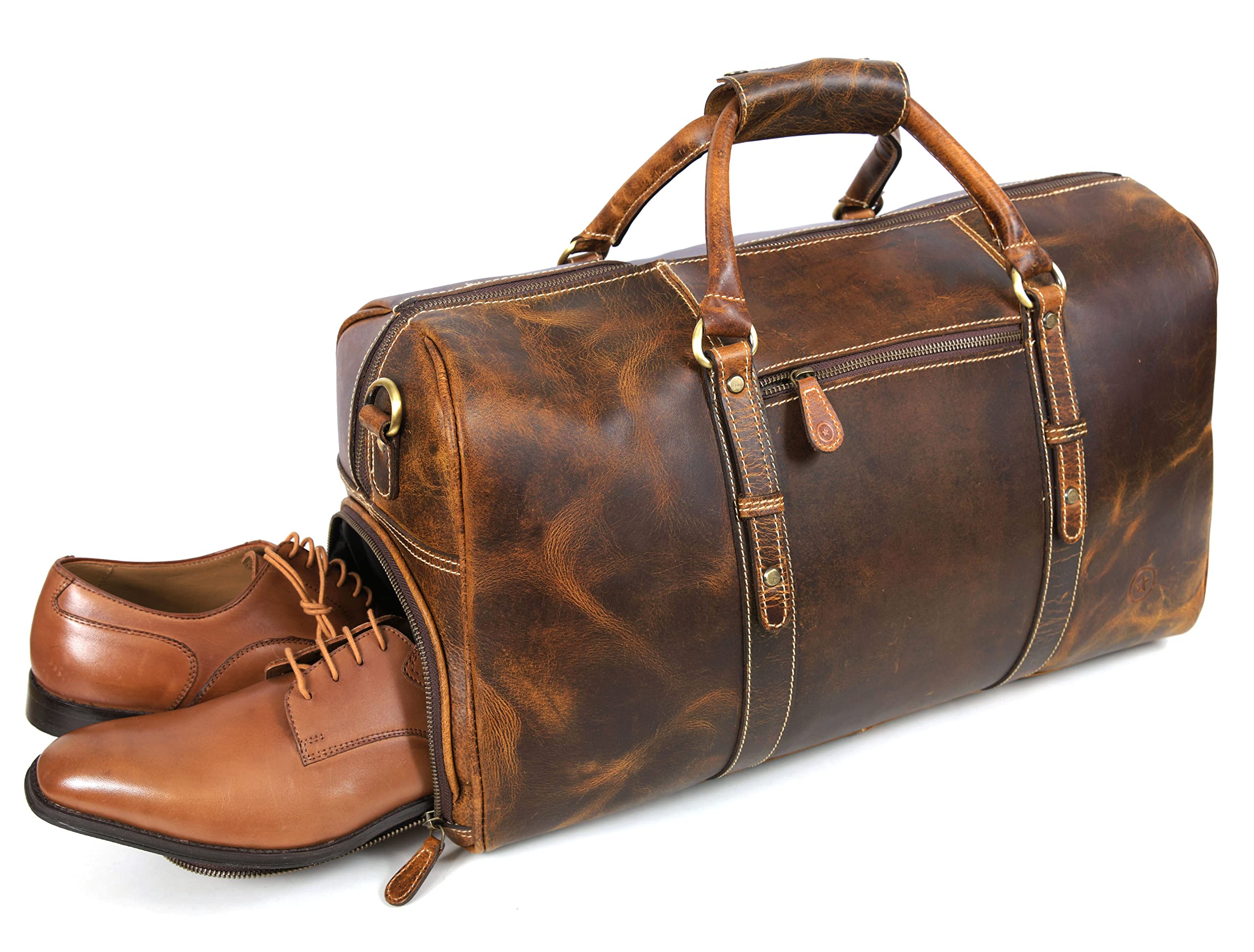 Premium Genuine Leather Travel Duffel Bag - Waterproof Gym & Sports Duffel with Shoulder Strap - Perfect Carry-On Luggage for Airplane Travel - Ideal Father's Day Gift for Men by Aaron Leather Goods | Business Trips, Gym Workouts & Weekend Getaways