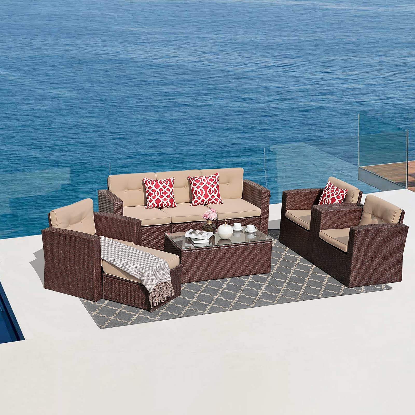 Super Patio 8-Piece Outdoor Furniture Set - All-Weather PE Wicker Sectional Sofa with Ottoman, Tempered Glass Coffee Table & 3 Red Pillows (Espresso Brown) - Perfect for Backyard, Garden, and Poolside Relaxation