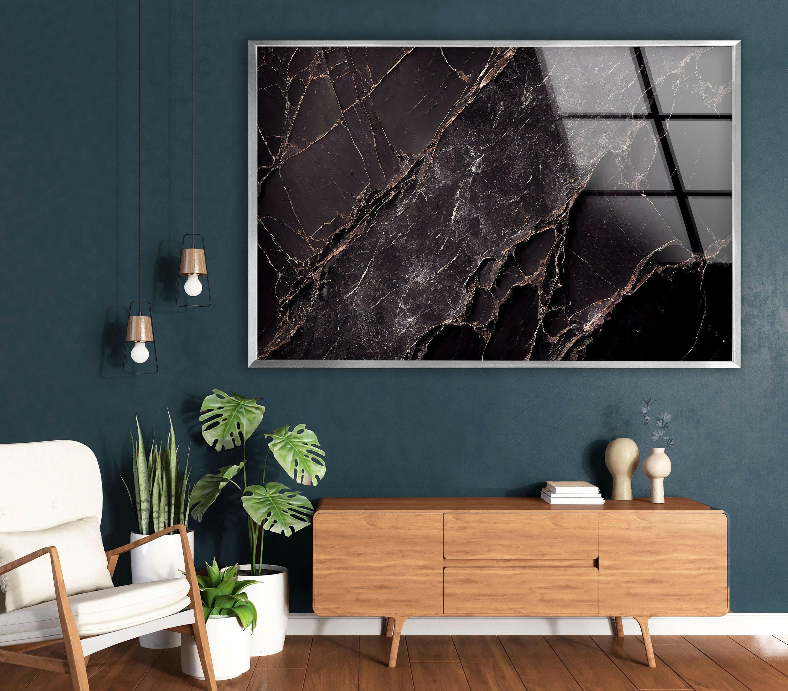 Black Marble Natural Abstract Glass Wall Art - Modern Home Decor for Living Room, Bedroom & Office | Elegant Glass Wall Sculpture for Contemporary Interior Design