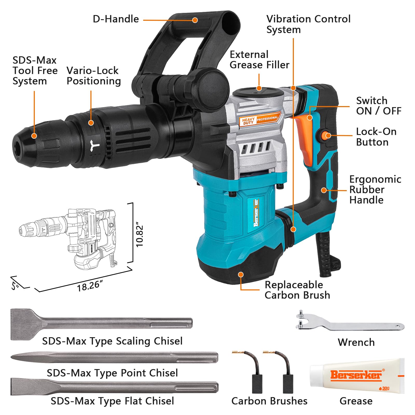 Berserker 1300W 16-Pound SDS-Max Demolition Jack Hammer - 1-9/16