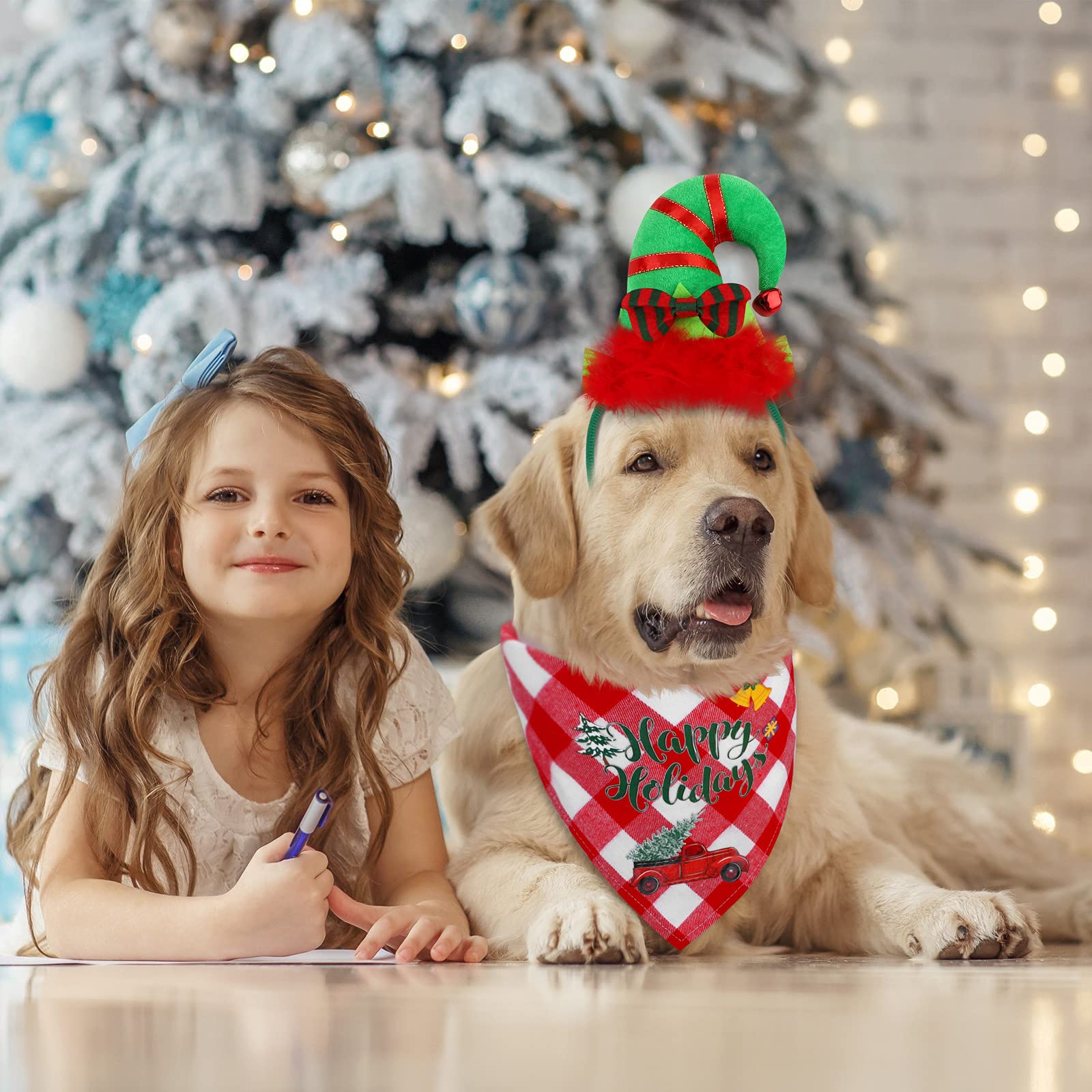Christmas Pet Costume Set - Buffalo Plaid Scarf, Reindeer Antlers & Santa Hat for Dogs - Holiday Pet Decor & Photo Props