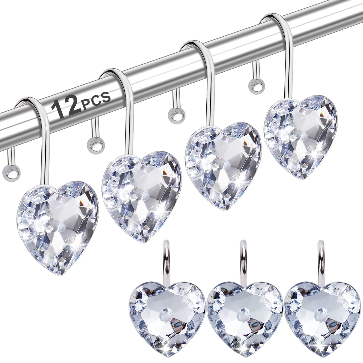 12PCS Valentine's Day Heart Shower Curtain Hooks - Stainless Steel Rust-Resistant Bathroom Rings with Rhinestones for Shower Curtains & Clothing - Perfect for Romantic Bathroom Decor & Gift Giving