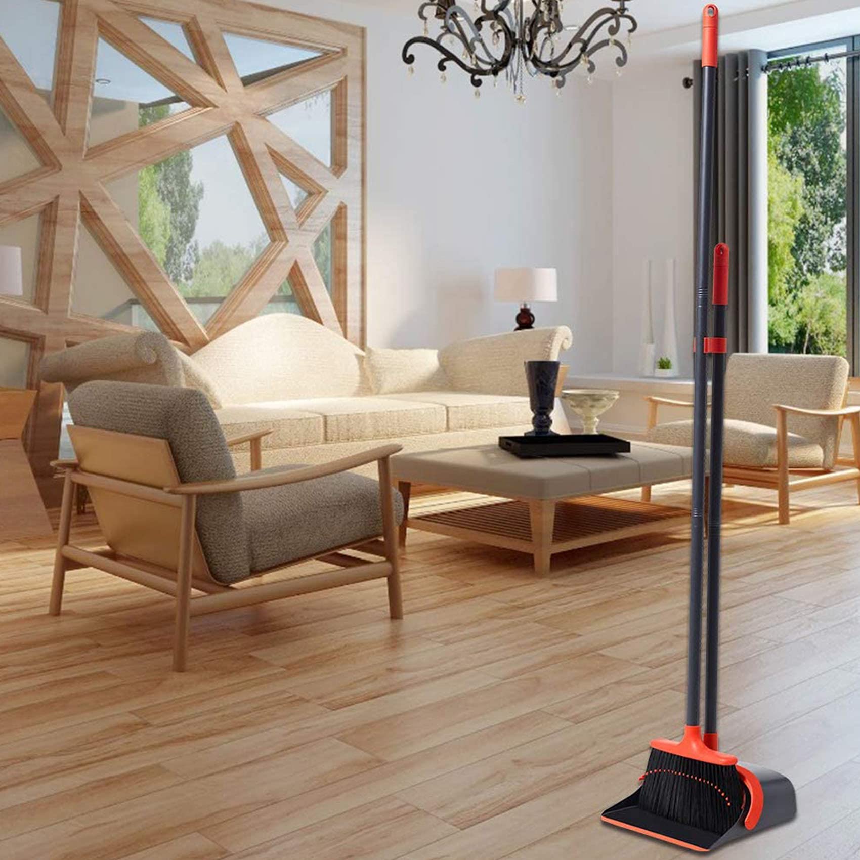 **Heavy Duty Broom and Dustpan Set with Extension Pole - Foldable, Built-in Teeth for Easy Cleaning - Ideal for Home, Office, Lobby - Space-Saving Storage Design**    *(Perfect for pet hair, hardwood floors, and quick clean-ups in kitchens, garages, and entryways!)*