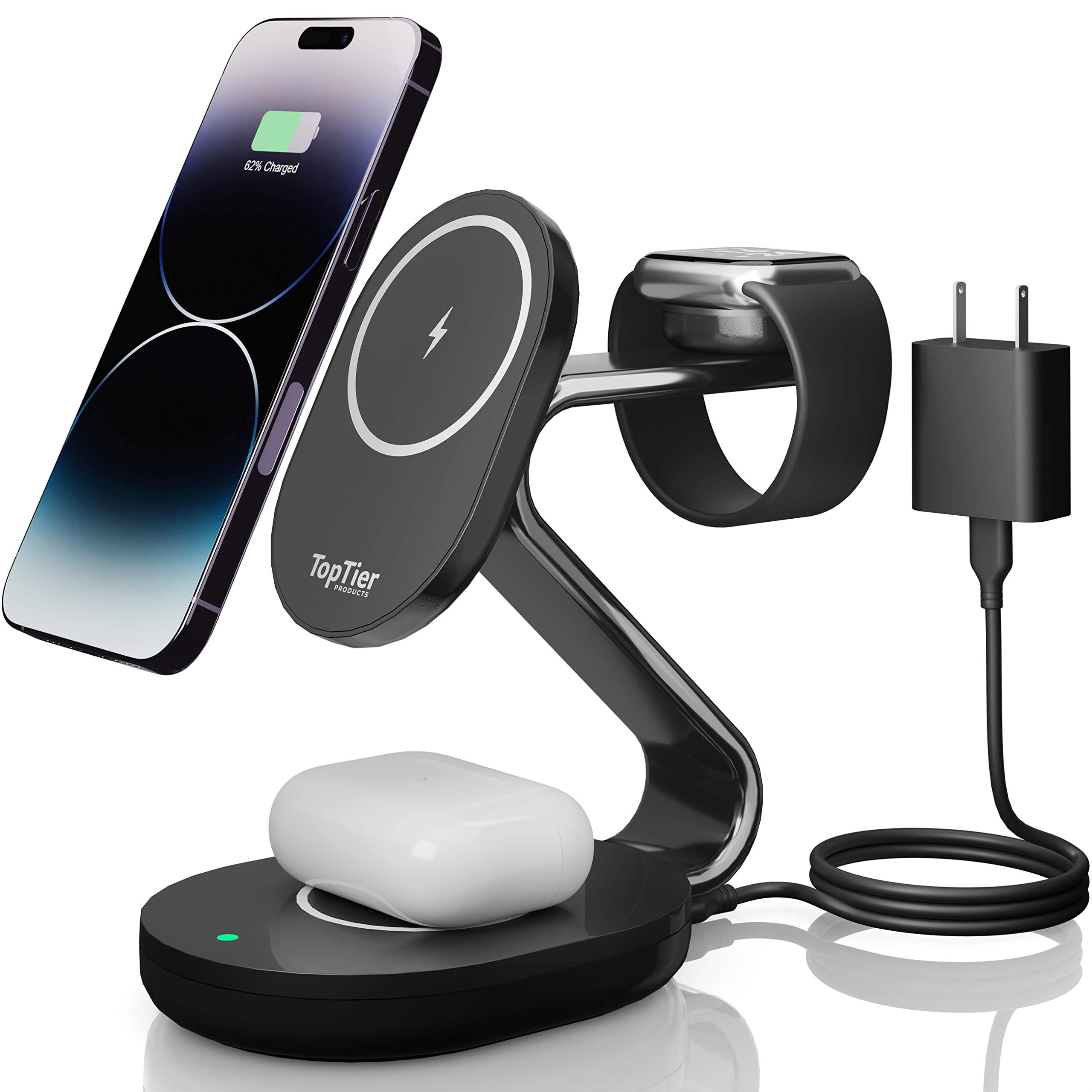 TopTier 3-in-1 MagSafe Charging Station - 20W Fast Wireless Charger with 15W iPhone Max Charging | MFI Certified | Sleek Metal Design (Black) - Perfect for Home, Office & Travel Charging Solutions