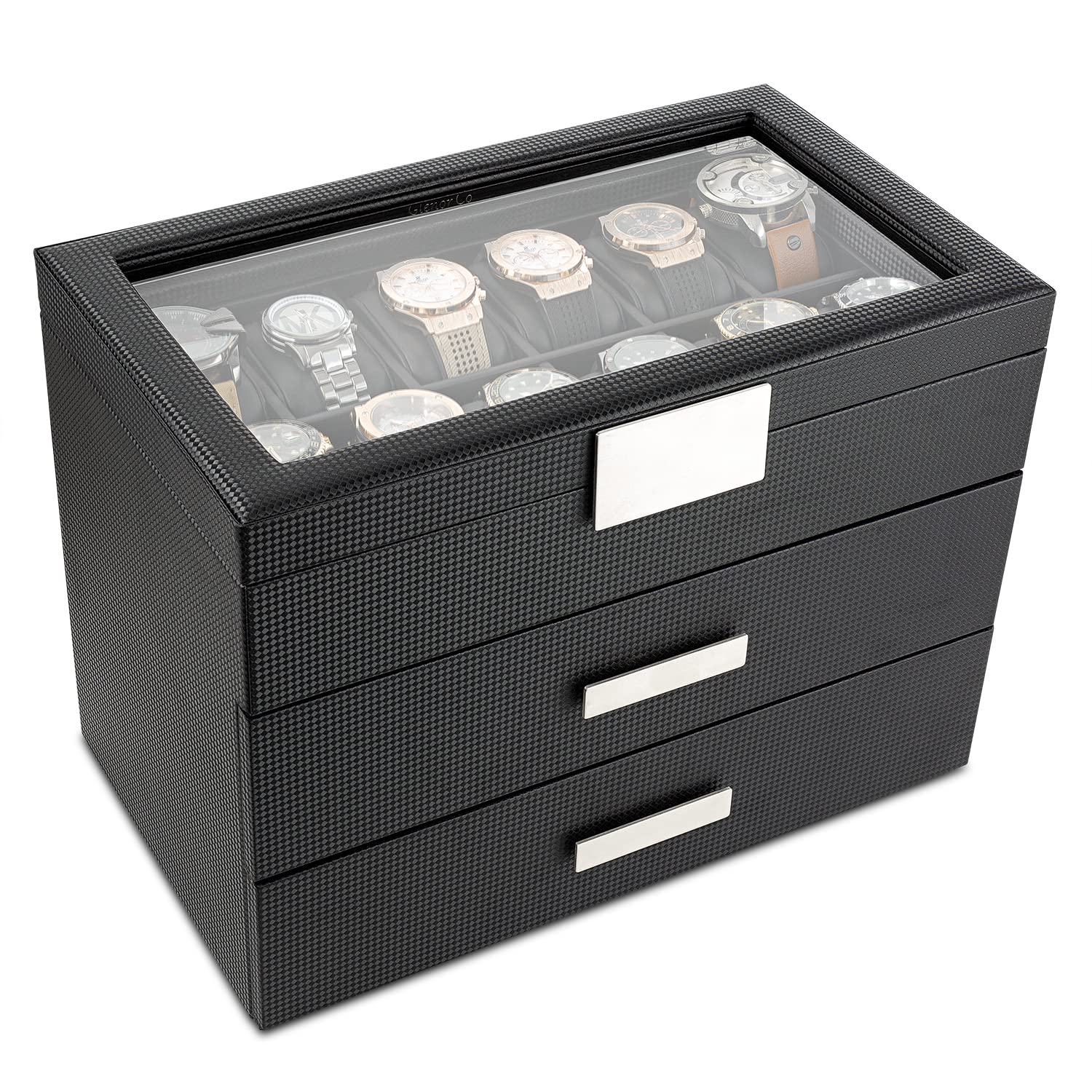 36-Slot Luxury Carbon Fiber Watch Box for Men with Large Glass Lid - Elegant Watch Display Case with Metal Accents & Sturdy Hinges - Perfect Watch Organizer for Dress Watches, Sports Watches & Collector's Timepieces - Ideal for Home Display, Office Decor & Gift Giving