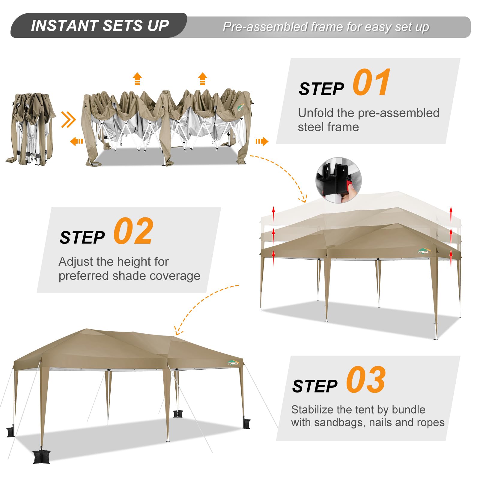 COBIZI 10x20ft Pop Up Canopy Tent - Waterproof Instant Shelter for Outdoor Events, Weddings & Commercial Use | Portable Gazebo for Camping, Backyard Parties & Car Protection (Khaki)