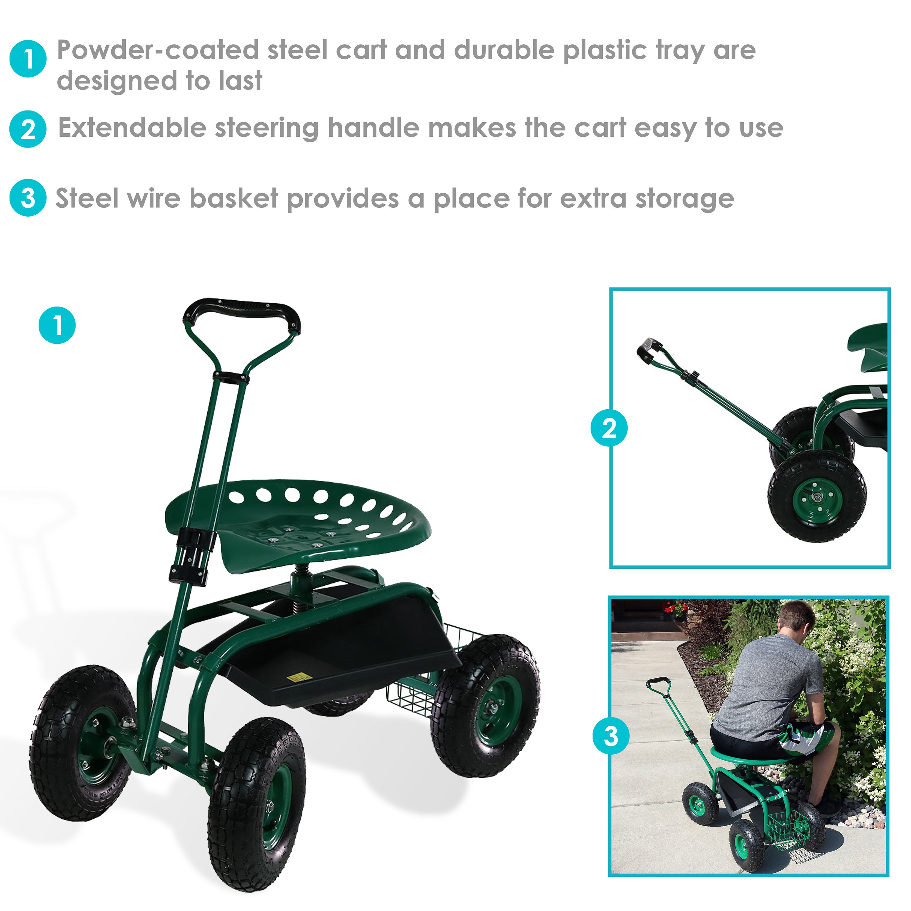 Sunnydaze Heavy Duty Rolling Garden Cart with Steering Handle & Swivel Seat - Outdoor Utility Cart for Gardening, Landscaping & Yard Work (Perfect for Transporting Tools, Plants & Supplies)