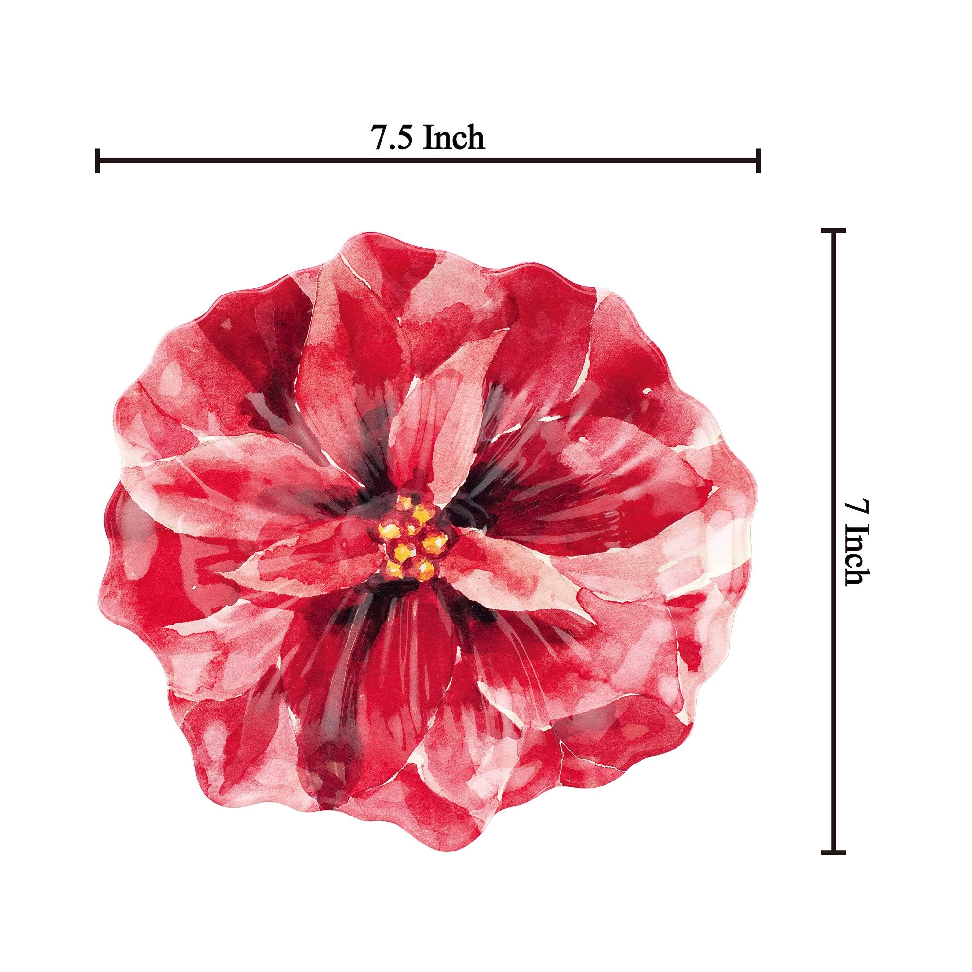 UPware 4-Piece 7.5 Inch Melamine Dessert Plates - Floral Shaped Appetizer & Dinner Plates for Party, Snacks, Fruits, Side Dishes (Poinsettias) | Durable & Lightweight for Indoor/Outdoor Dining, Picnics, BBQs, and Special Occasions