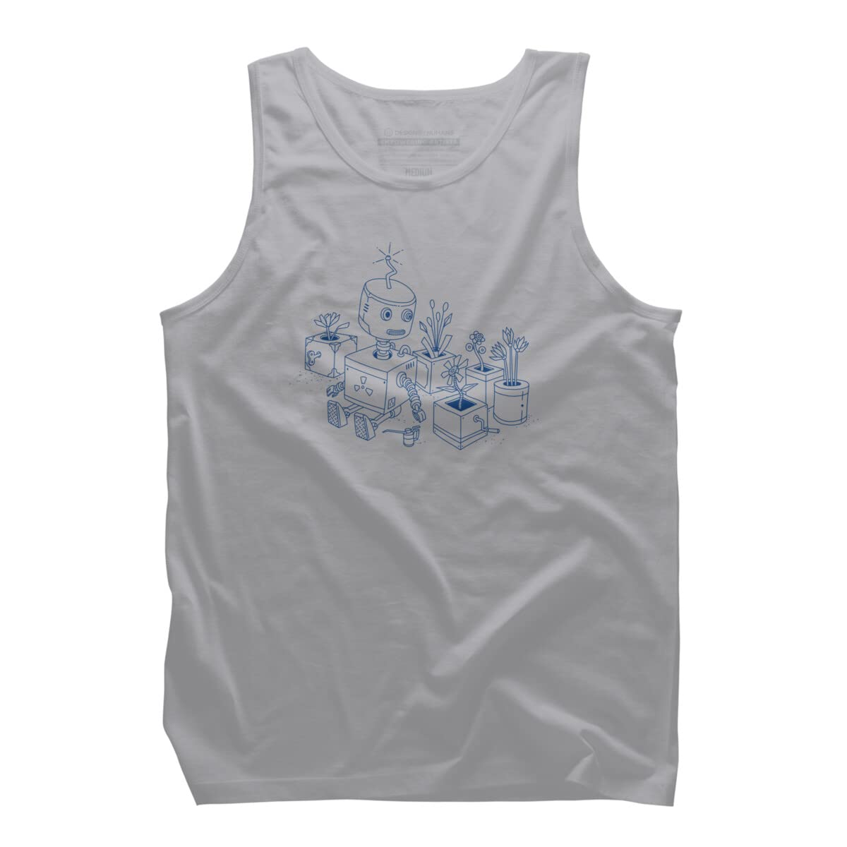 Design By Humans Men's Robot with Flowers Graphic Print Tank Top - Comfortable Casual Summer Tee for Streetwear & Outdoor Activities