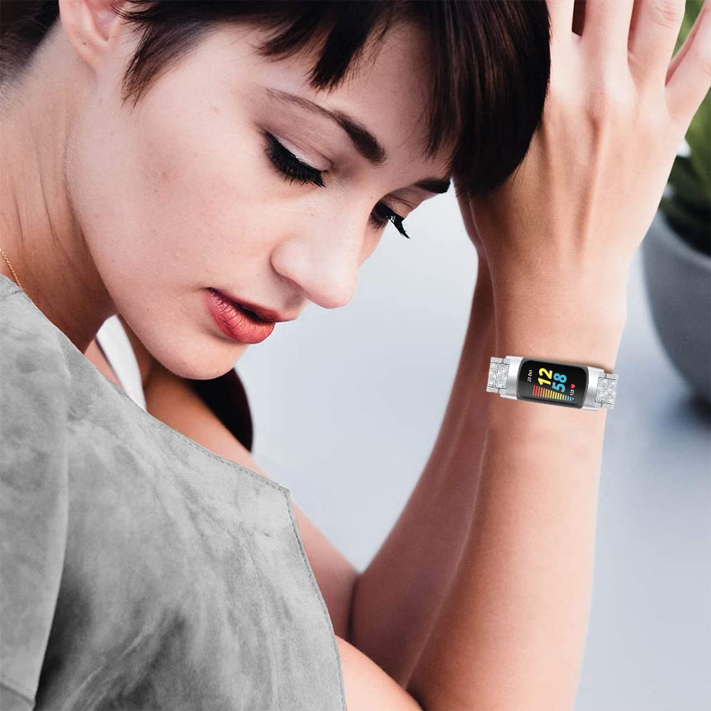 Fitbit Charge 5 Replacement Bands - Rhinestone Crystal Adjustable Metal Wristband Strap Bracelet for Women | Compatible with Fitbit Charge 5 Fitness Tracker | Perfect for Workouts, Running & Daily Wear