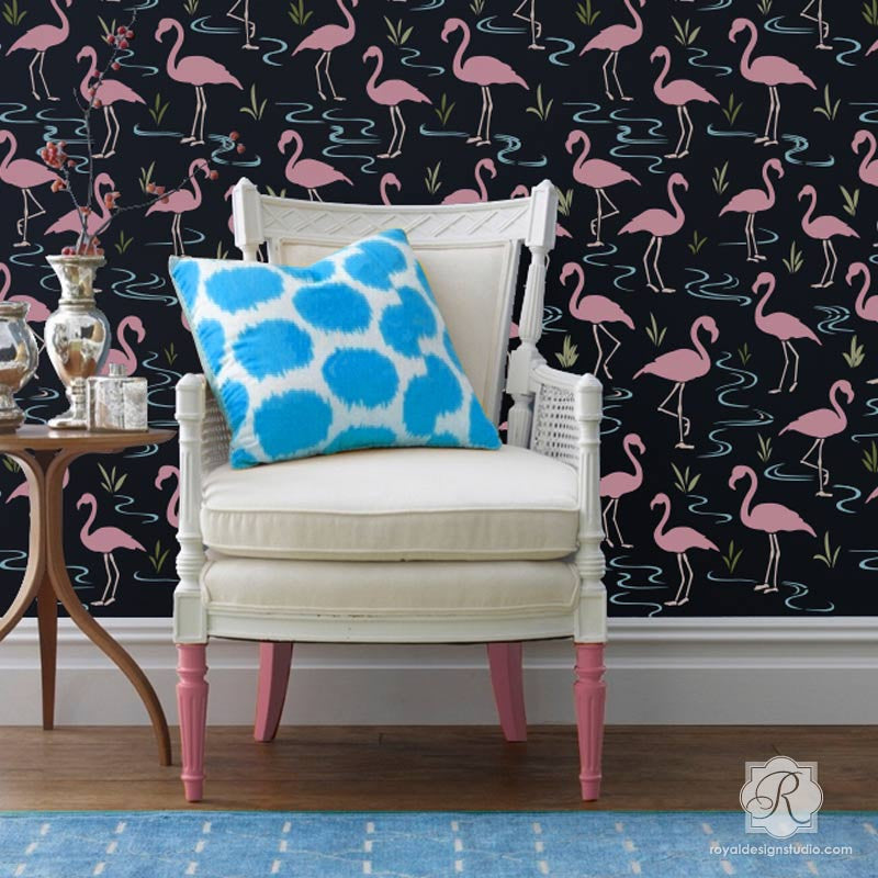 Flamingo Lagoon Wall Stencil - Tropical Flamingo Mural Template for DIY Home Decor, Nursery, Kids Room & Beach Themed Parties