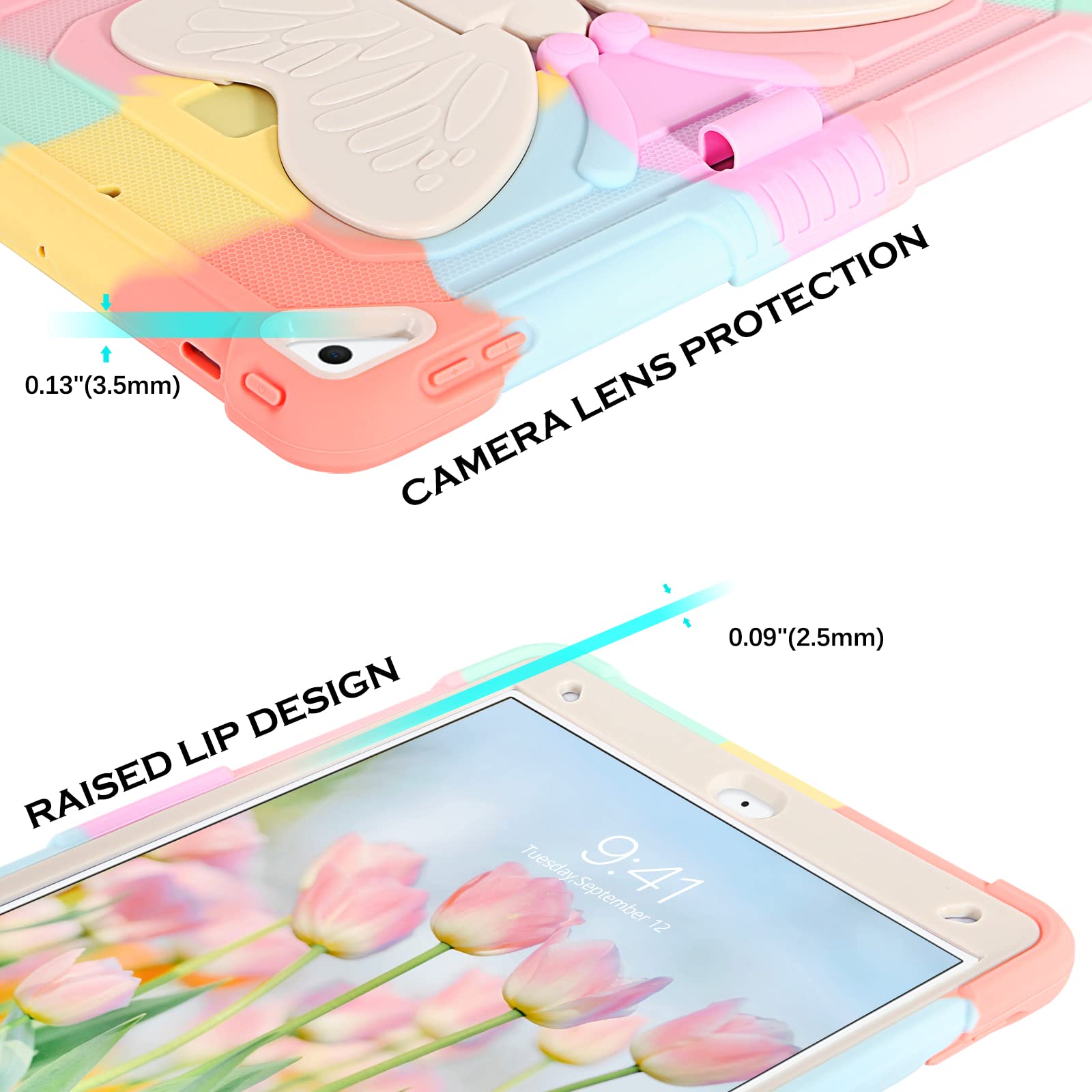 YINLAI iPad 9th/8th/7th Generation Case & iPad Air 3 Case - 10.2 Inch Shockproof Protective Cover with Kickstand & Pencil Holder | Cute Butterfly Design for Girls, Kids & Women | Perfect for School, Work & Travel (Colorful Pink)
