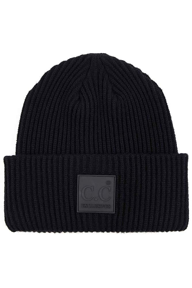 ScarvesMe Unisex Solid Ribbed Knit Beanie Skull Cap with Rubber Patch - Warm Winter Hat for Men & Women - Perfect for Outdoor Activities, Skiing, Snowboarding and Casual Wear