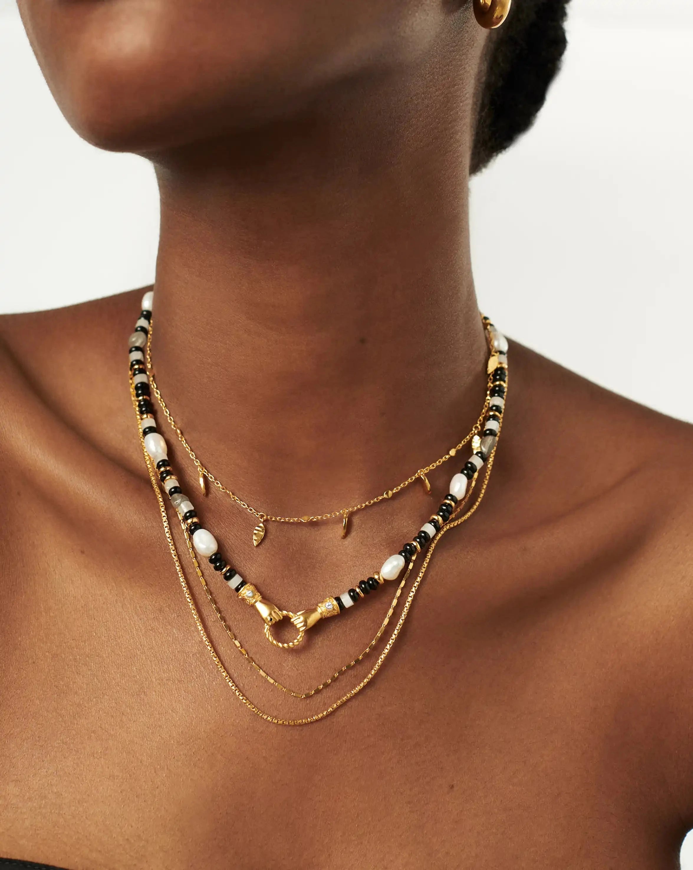 Harris Reed In Good Hands Beaded Gemstone Necklace - 18k Gold Plated Black Chalcedony & Pearl Jewelry for Women | Elegant Layered Necklace for Party, Wedding & Special Occasions