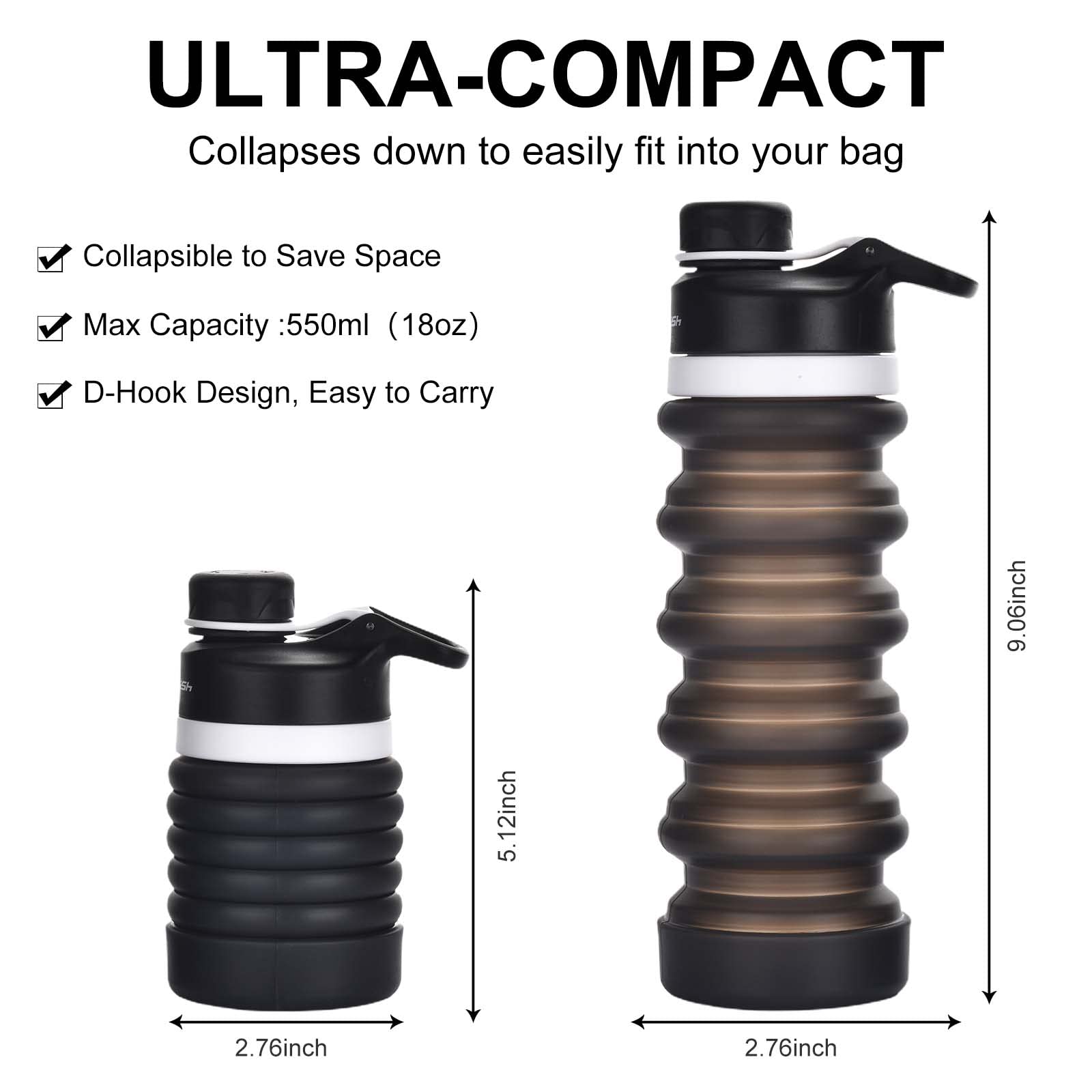 **Muslish 18oz (550ml) Collapsible Water Bottle - BPA Free Silicone, Foldable & Leak Proof - Portable Reusable Sports Water Bottle with Carabiner for Travel, Gym, Camping, Hiking (Charcoal Gray) - Stay Hydrated On-The-Go**