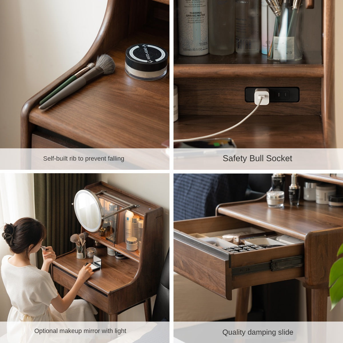 Black Walnut Solid Wood Lighted Vanity Dressing Table with Mirror - Elegant Makeup Desk for Bedroom, Bathroom, or Boudoir