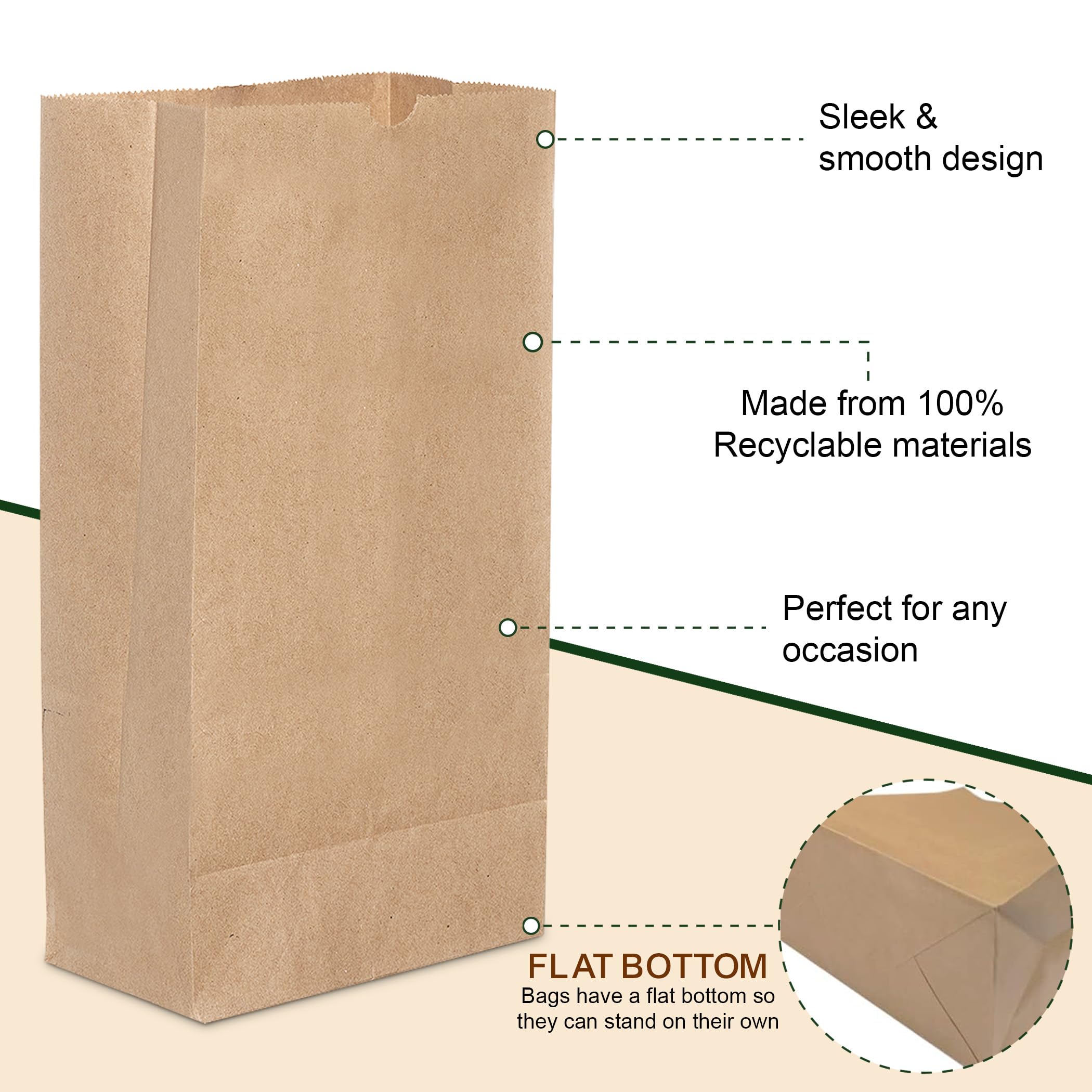 8 Lb Brown Paper Lunch Bags - 250 Pcs Bulk Disposable Kraft Paper Sacks for Grocery, Sandwich, Takeout | Eco-Friendly & Durable | Perfect for School Lunches, Picnics, Restaurants & Food Packaging