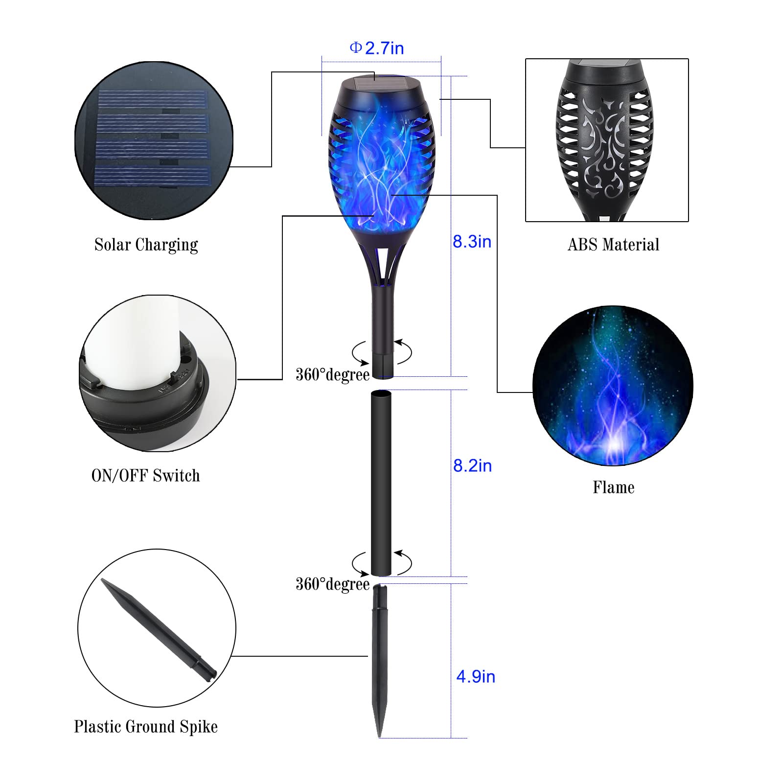 6 Pack Solar Lights Torches - Blue LED Flickering Flame Outdoor Waterproof Pathway Lights for Garden, Yard & Patio | Solar Powered Auto On/Off Landscape Lanterns | Perfect for Walkways, Driveways & Poolside Decor