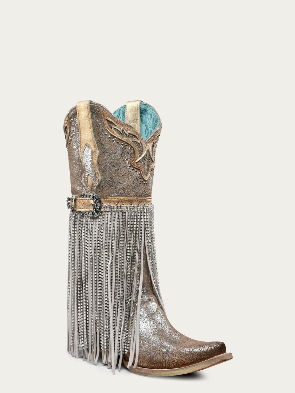 Women's Silver & Gold Crystal Fringe Cowboy Boots with Studs & Harness Detail - Western Fashion, Country Dance, Party & Festival Wear