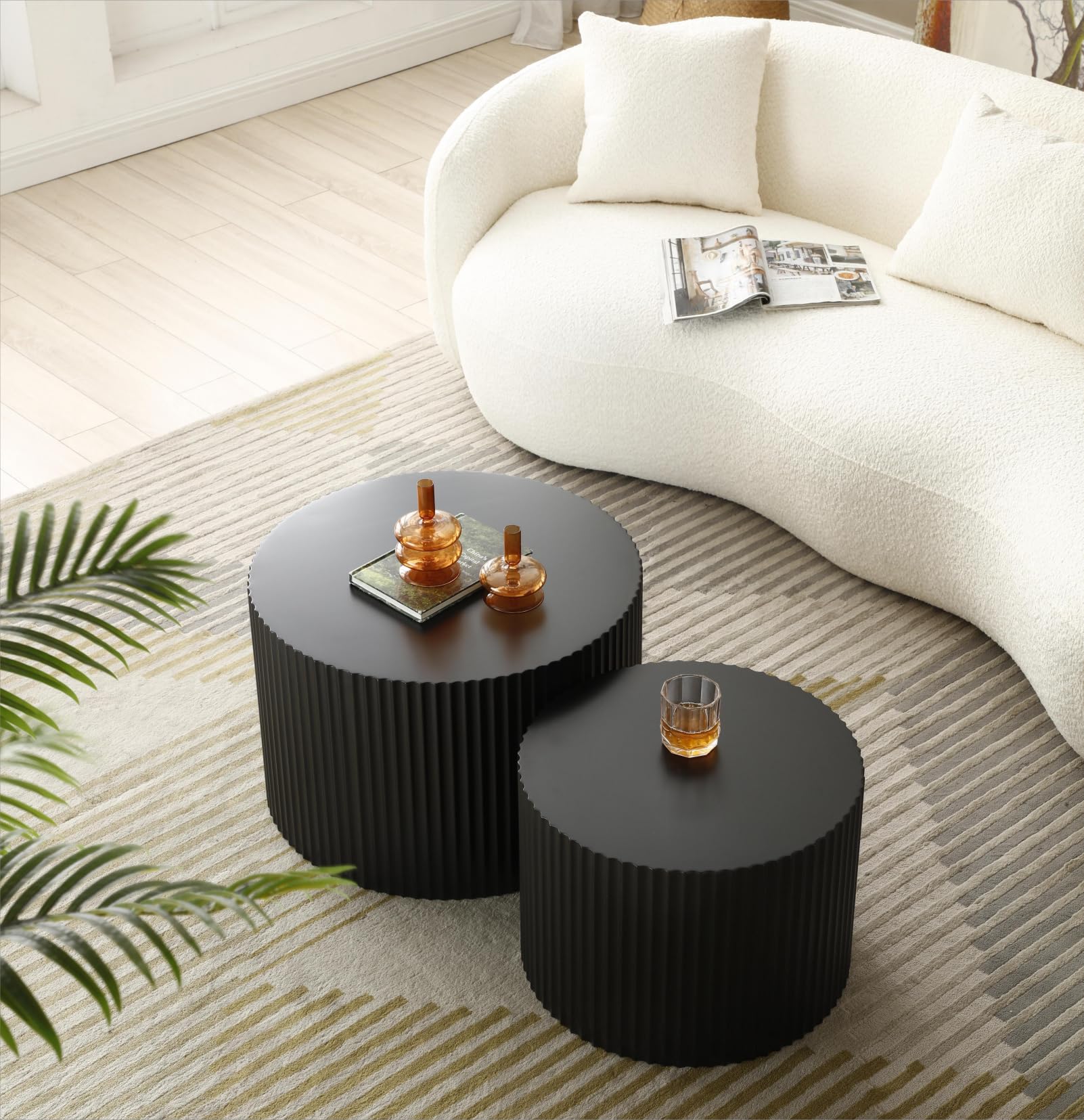 HMFULE 2-Piece Round Nesting Coffee Table Set - Modern Drum Cocktail & End Table for Living Room - Matte Black - Perfect for Small Spaces, Lounge & Home Decor
