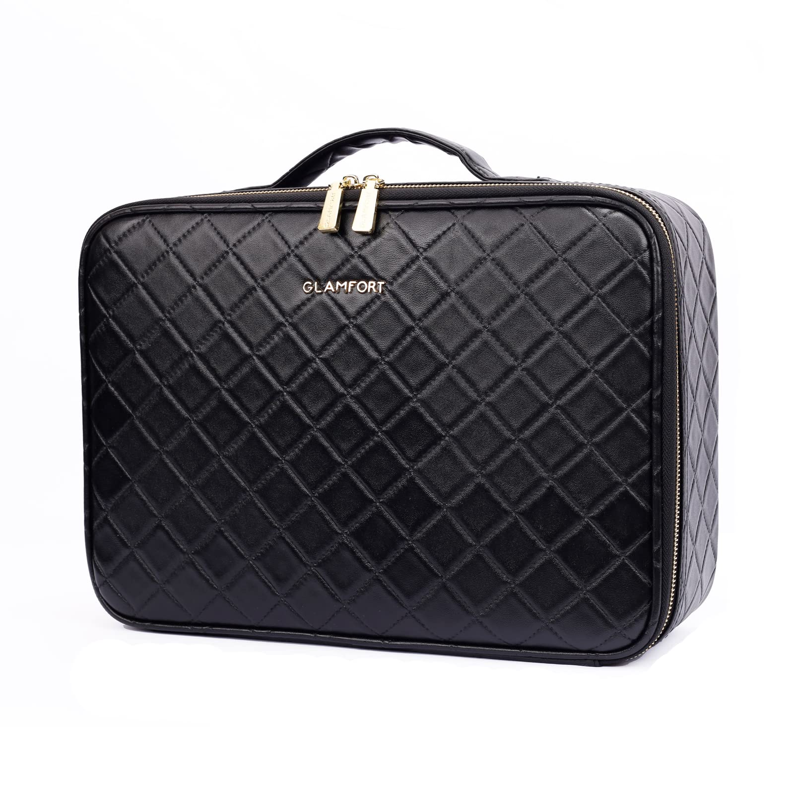 GLAMFORT Large Capacity Travel Makeup Bag Organizer with Dividers - Portable Cosmetic Case for Women, Black (Perfect for Air Travel, Gym & Daily Makeup Storage)