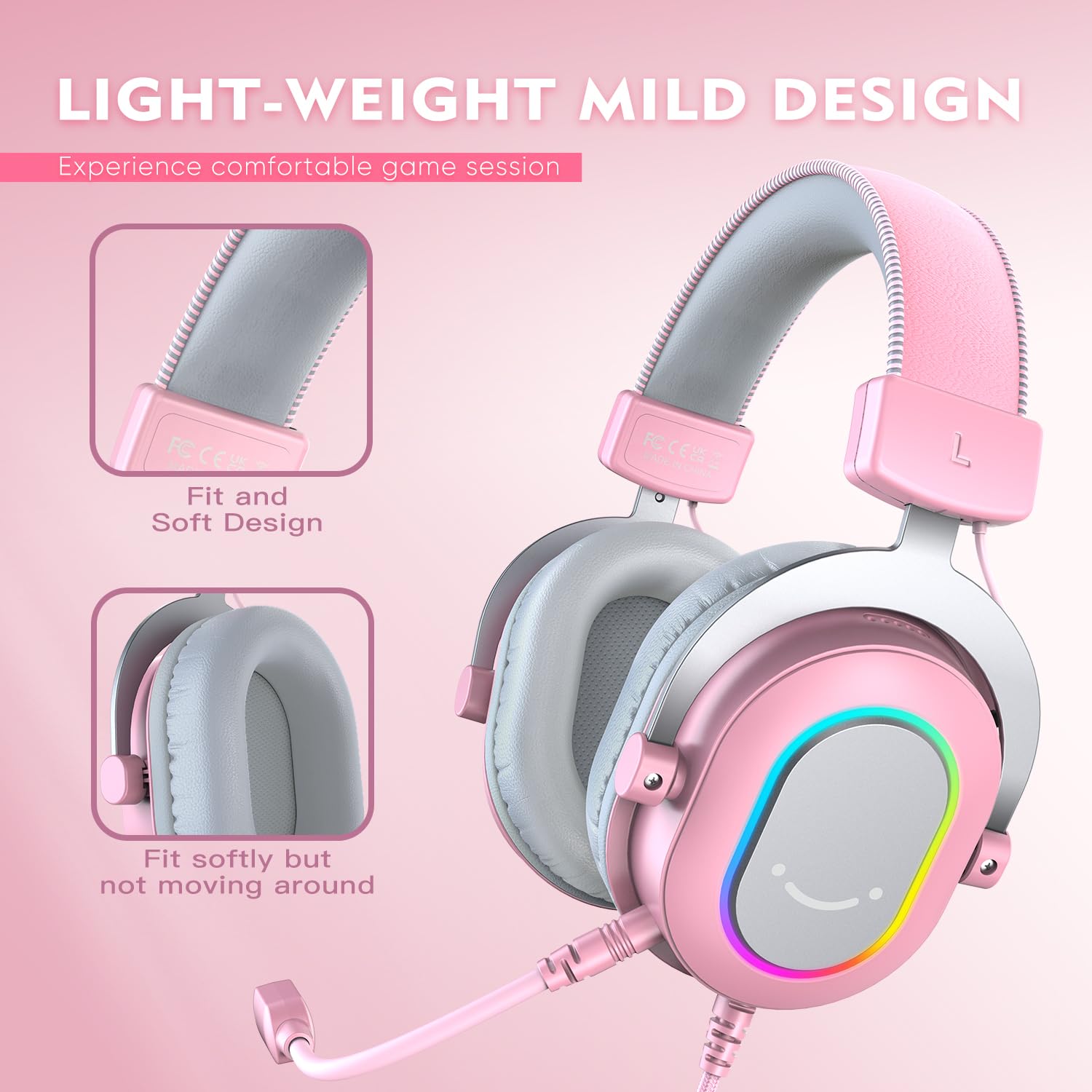 FIFINE PC Gaming Headset with Microphone - USB Wired 7.1 Surround Sound Headphones with RGB Lights & In-Line Controls for PS4/PS5, Streaming, Gaming, Video Calls - Over-Ear Design (Pink) | Perfect for Online Gaming, Live Streaming & Remote Work