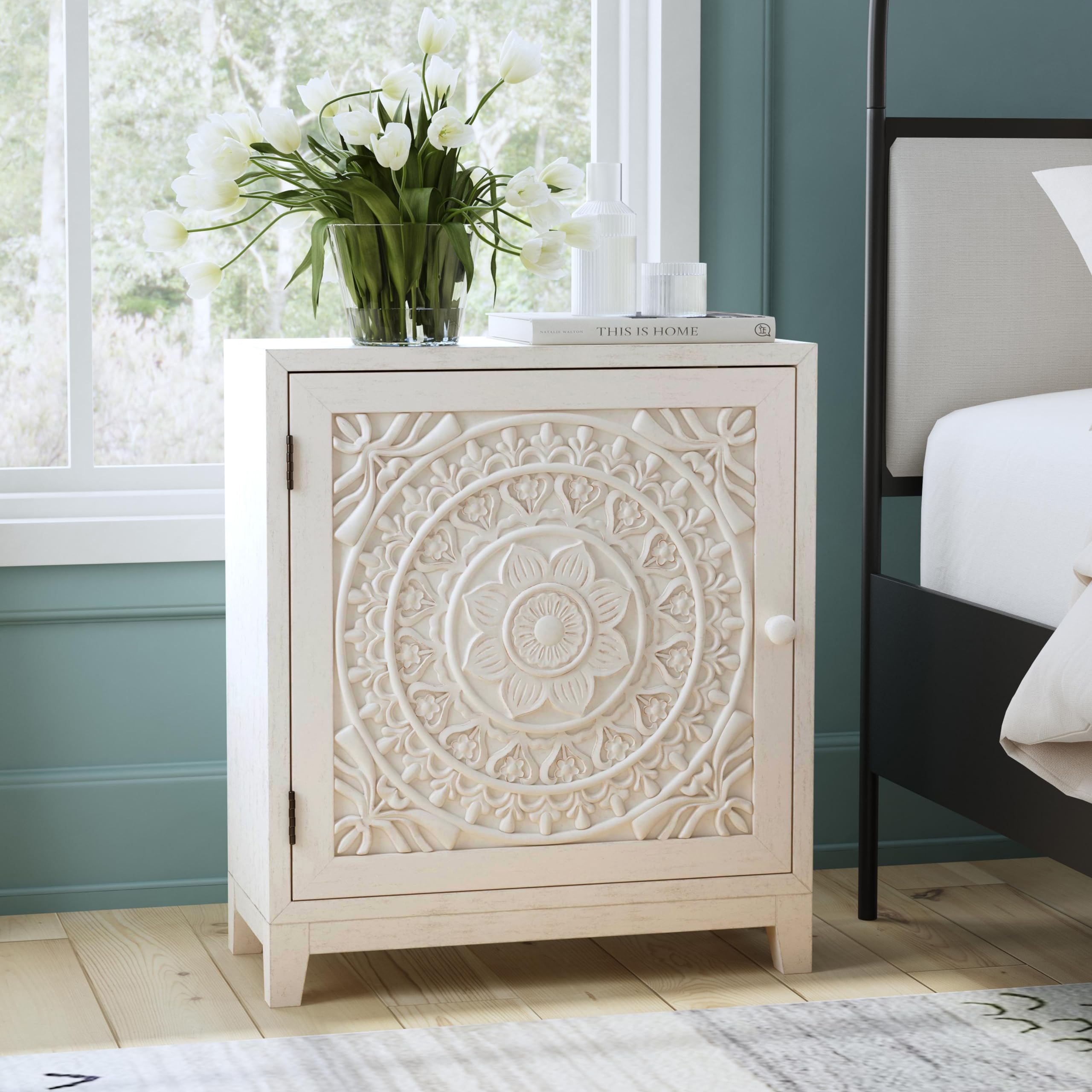Powell Furniture Grace Antique White Cabinet - Elegant Storage Solution for Living Room, Bedroom & Home Office