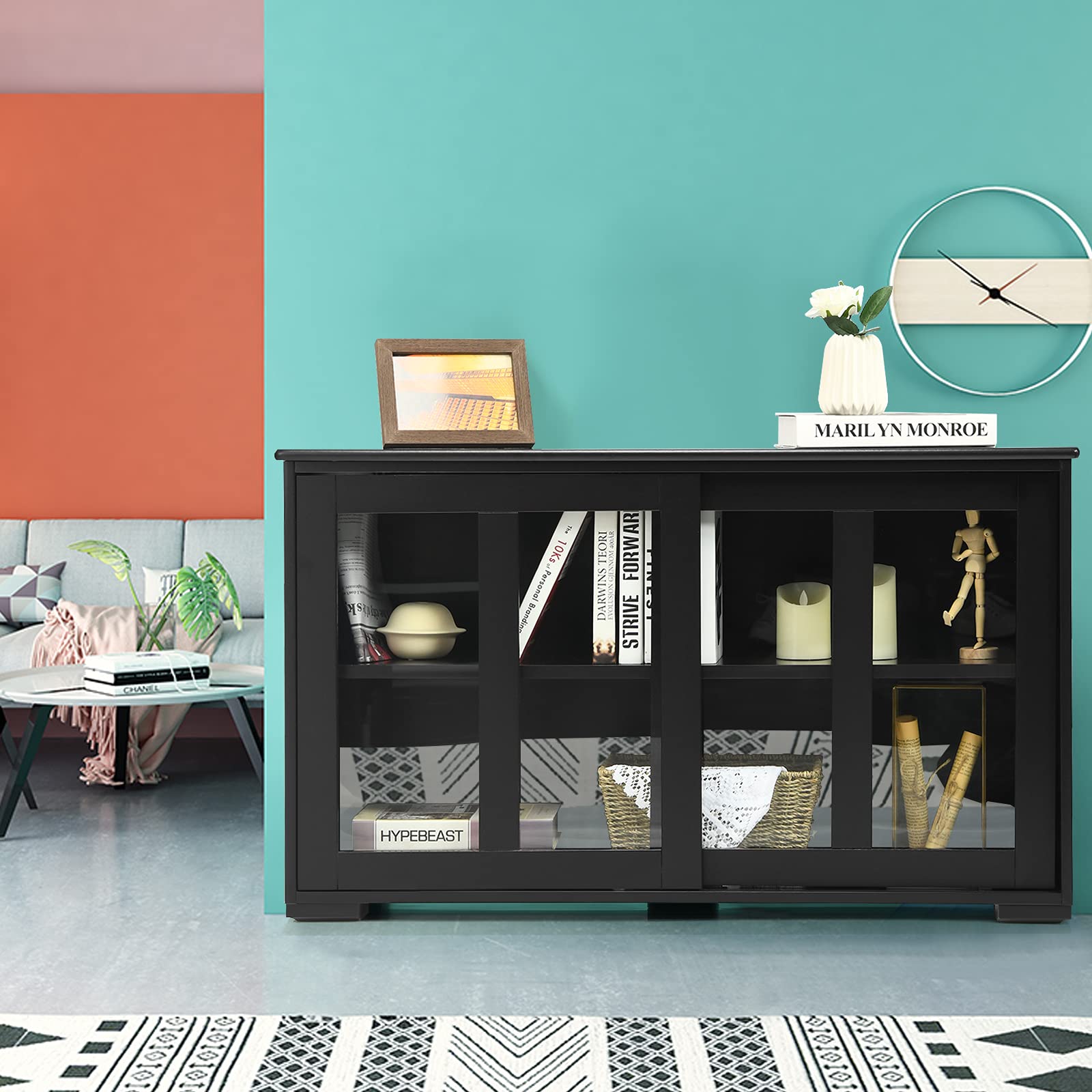 Stackable Sideboard Buffet Cabinet with Adjustable Shelves & Glass Sliding Doors - Wooden Storage Credenza for Kitchen, Dining Room, Living Room & Entryway - Perfect for Coffee Bar Setup, Home Organization & Stylish Storage (Black)