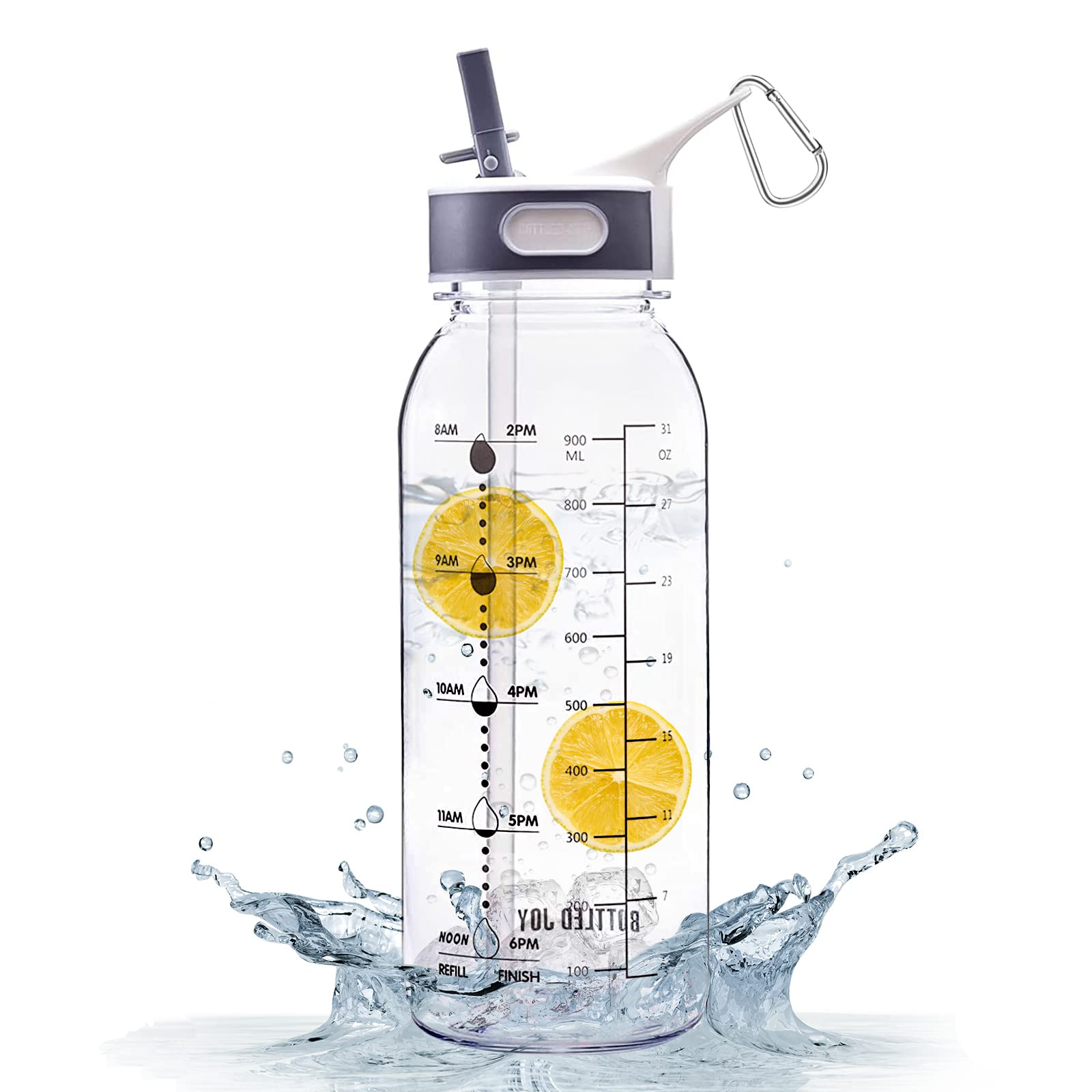 Bottled Joy 32oz/1 Liter BPA-Free Water Bottle with Straw & Time Marker - Motivational Sports Jug for Fitness, Gym, Hiking & Outdoor Activities - Leakproof & Durable Drinking Bottle with Secure Buckle