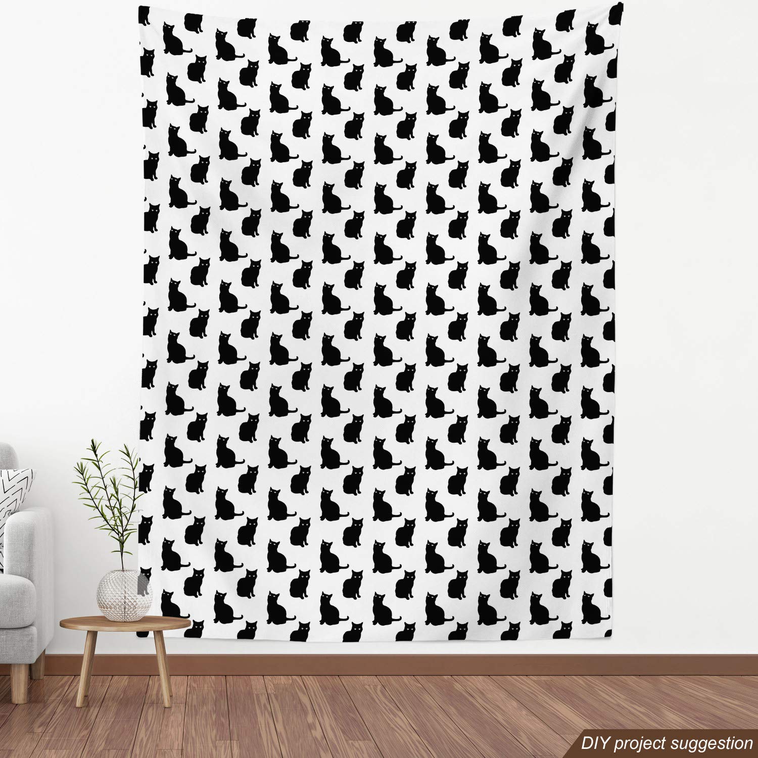 Ambesonne Black Cat on White Fabric by The Yard - Playful Friendly Animal Print Upholstery Material for Sofa, Curtains & Home Decor (5 Yards) - Perfect for Pet Lovers' Living Room & Bedroom Decorations