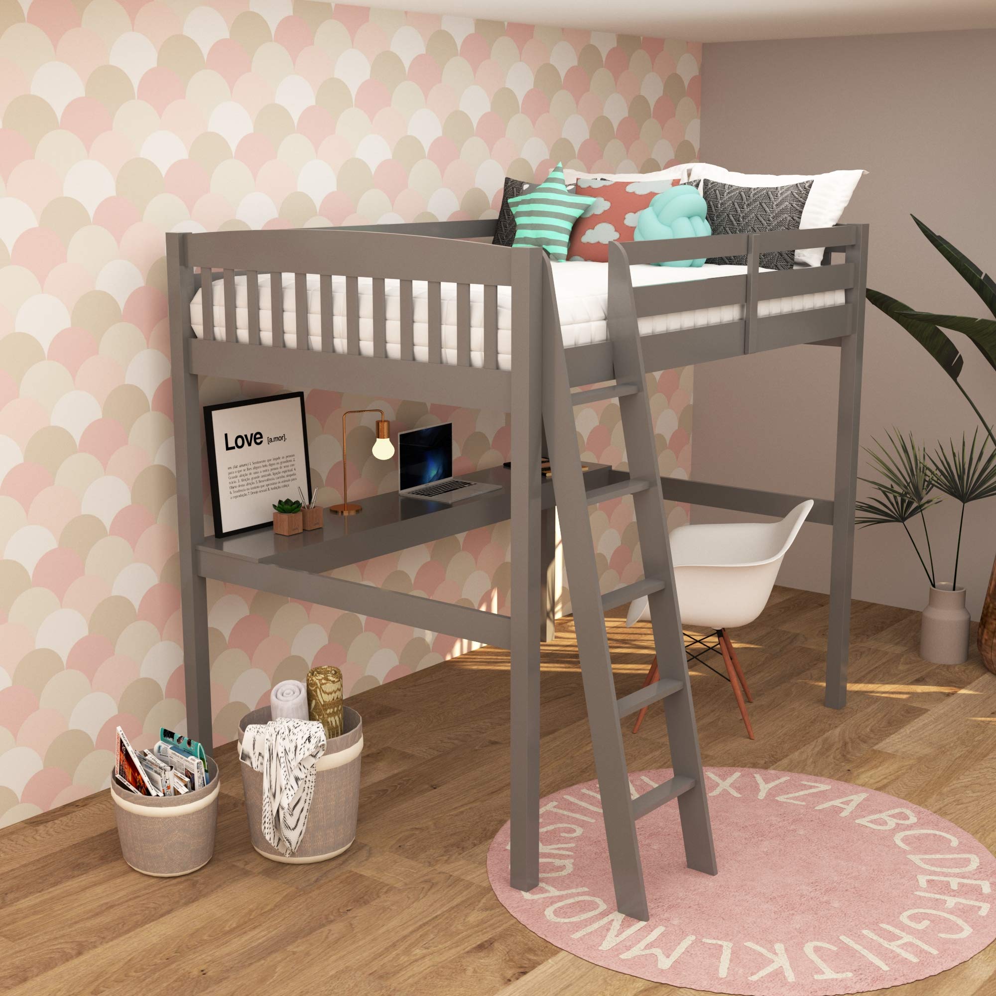 **Full Size Loft Bed with Desk & Safety Guardrail - Sturdy Wooden High Loft Bed for Kids, Teens & Adults - Slat Support & Angled Ladder - Space-Saving Bedroom Furniture for Small Rooms, Dorms & Apartments (Gray)**